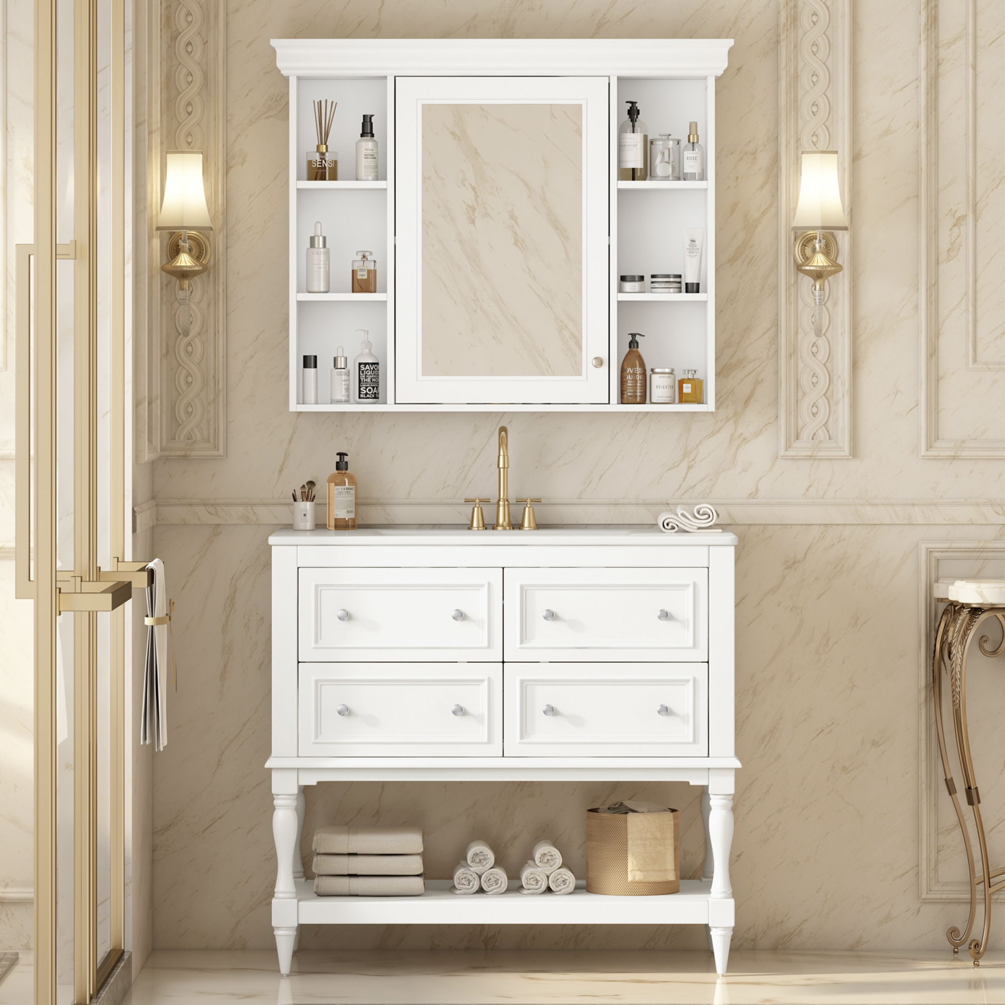 Bathroom Vanity With Medicine Cabinet, Storage Cabinet With 4 Drawers, Adjustable Shelf Mirror