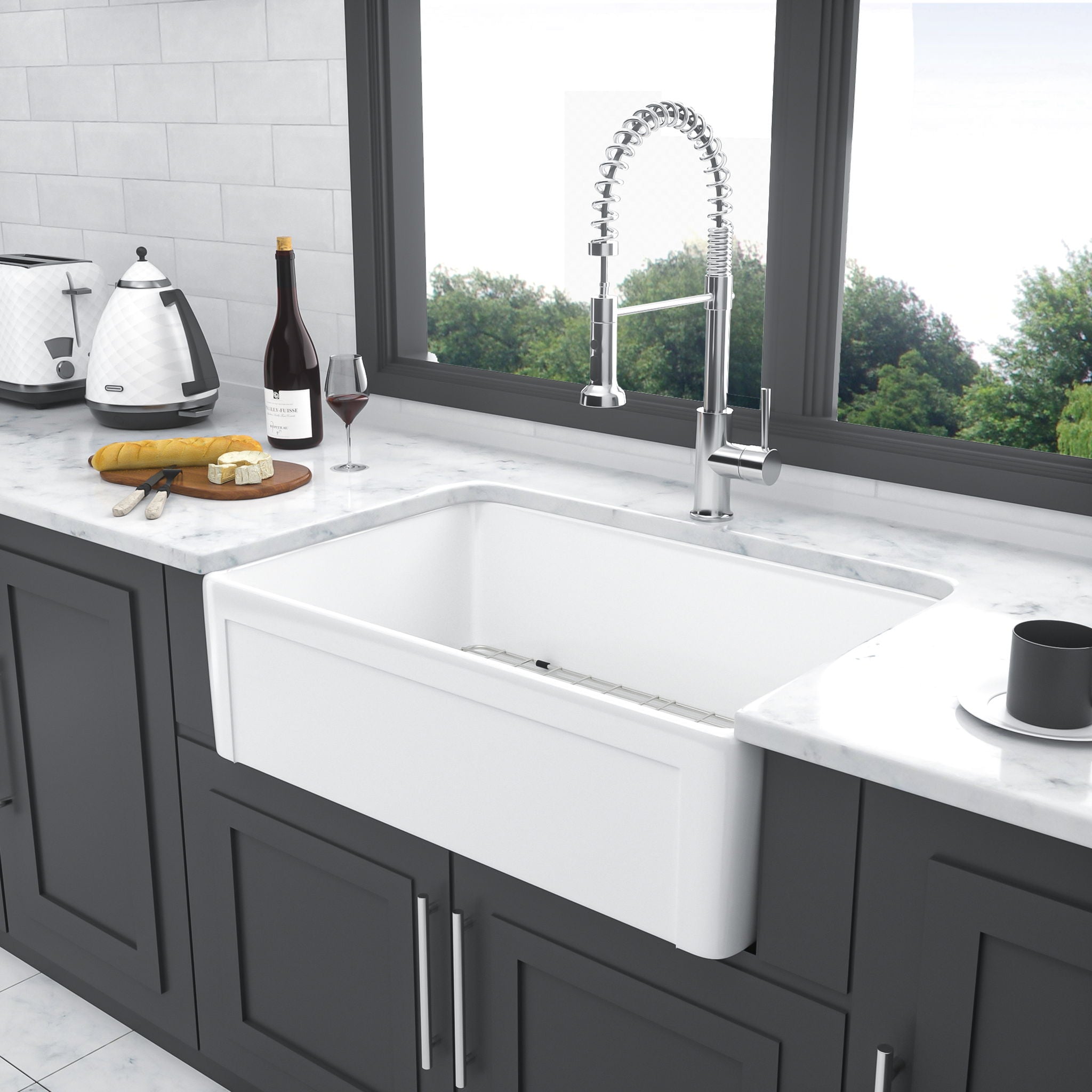 Sink 30" Apron Front Reversible Single Bowl Kitchen Sink & Grid And Strainer - White