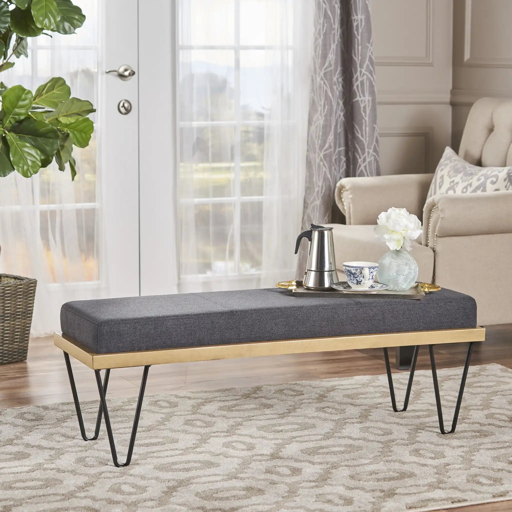 Upholstered Bench With Hairpin Legs - Charcoal Gray