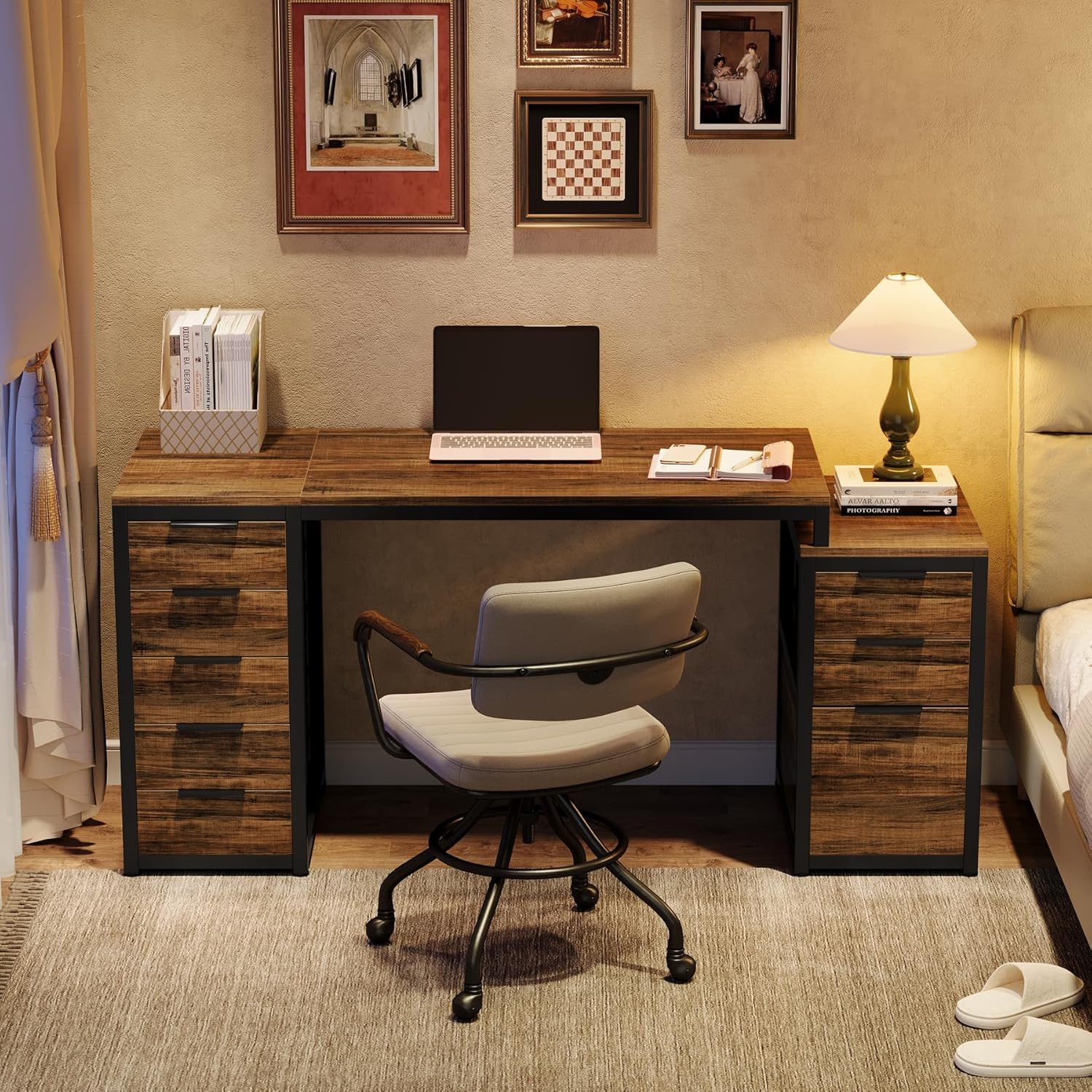 Computer Desk With 8 Drawers And Reversible File Cabinet, Workstation For Home Office - Brown / Black