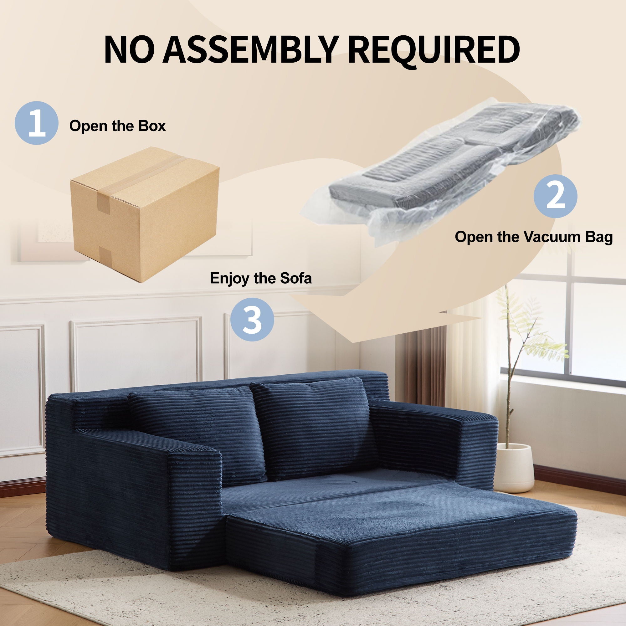 Loveseat Sofa, Comfortable Deep Seat Sofa Bed, Modern Small Corduroy Couch For Living Room Bedroom,Reversible Cushion With Pillows,No Assembly Required, Dark Blue