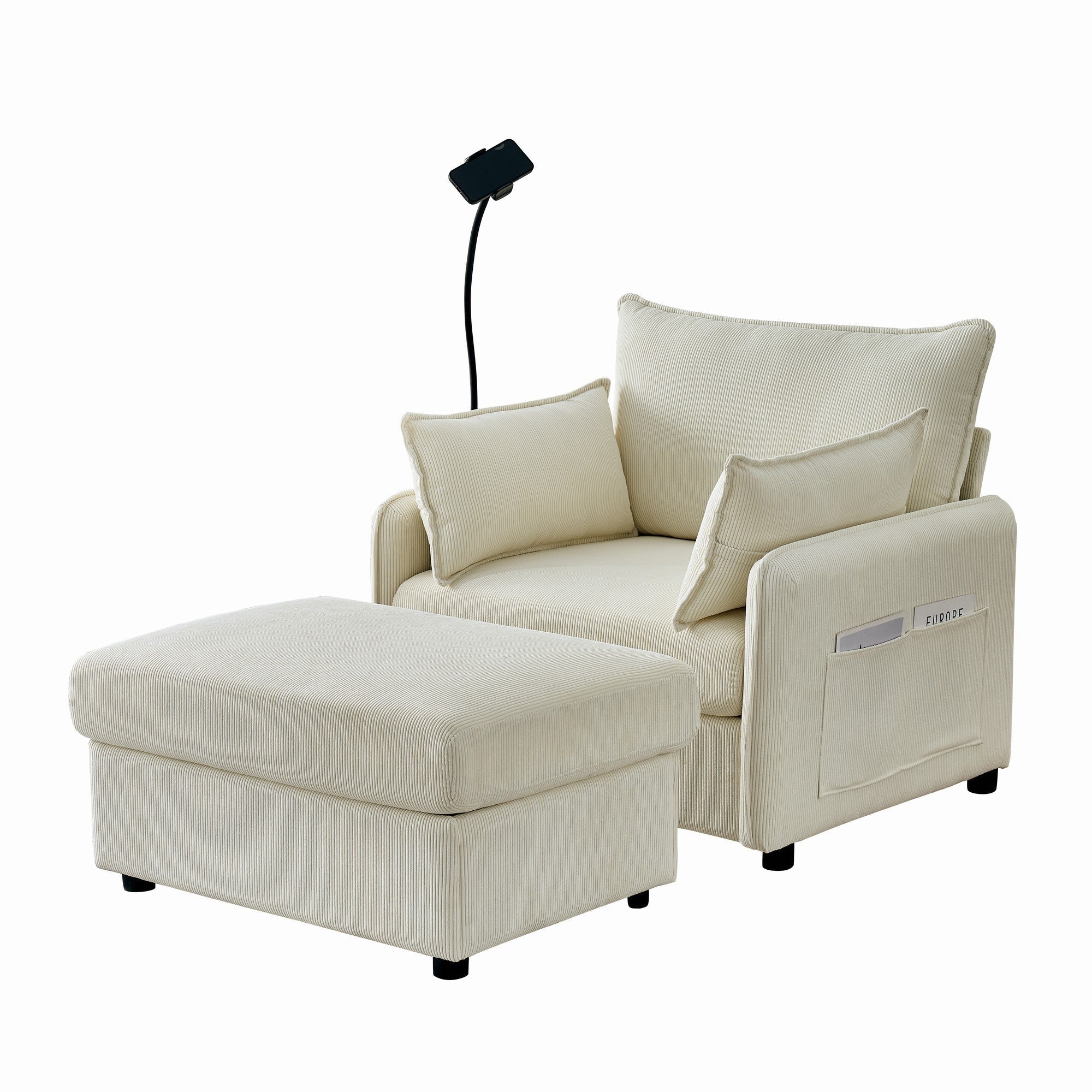 Oversized Chaise Lounge Chair with Ottoman and Storage in Beige