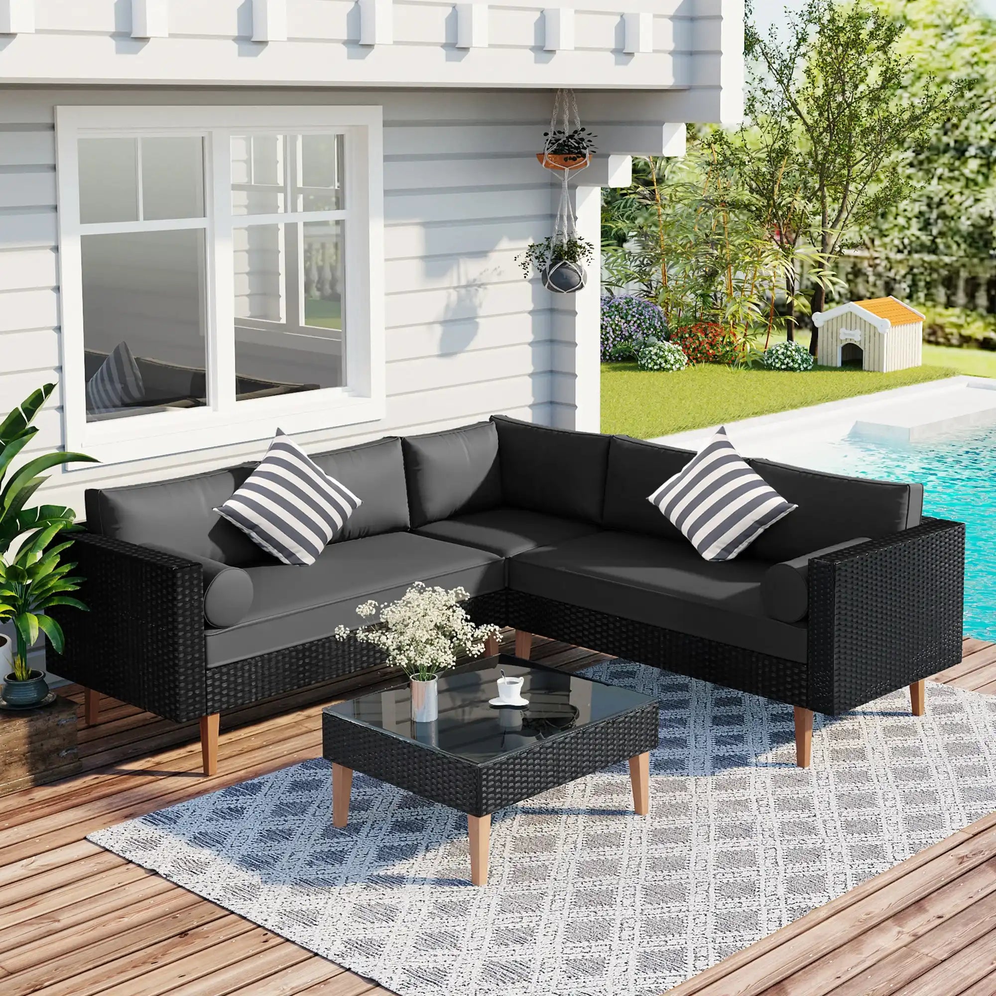 4 Piece L-Shaped Wicker Sofa Set, Outdoor Patio Furniture, Gray and Black