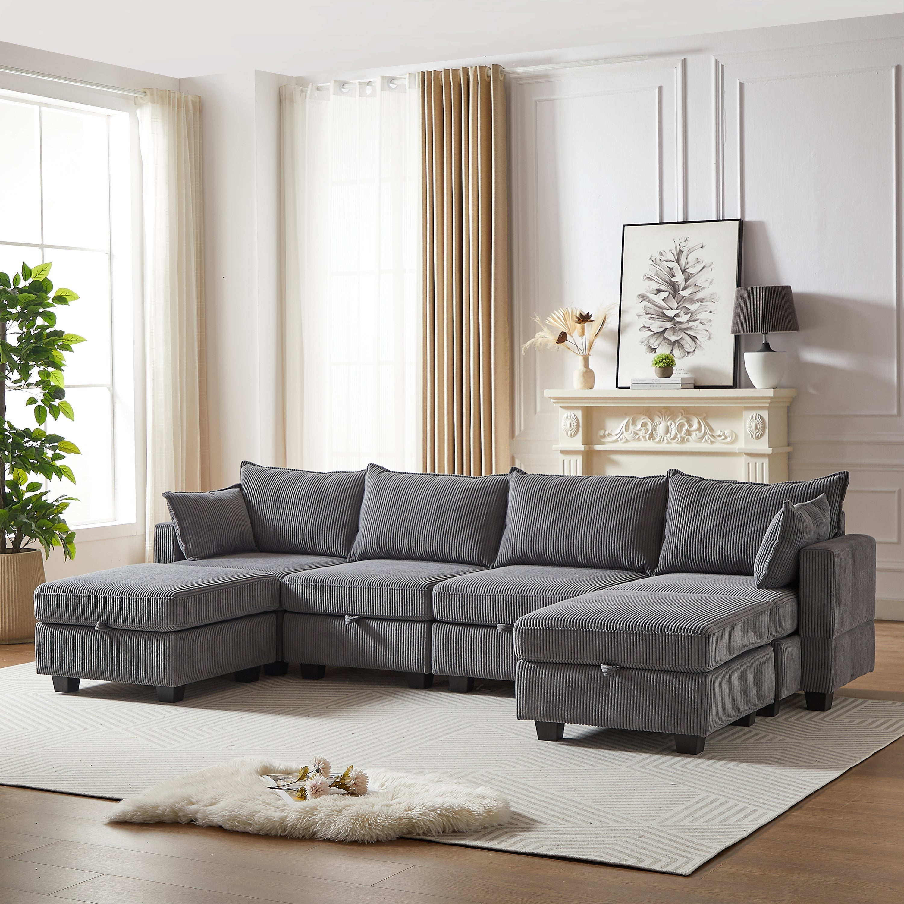 113.5'' Modular Sectional Corduroy Sofa with Storage Ottoman