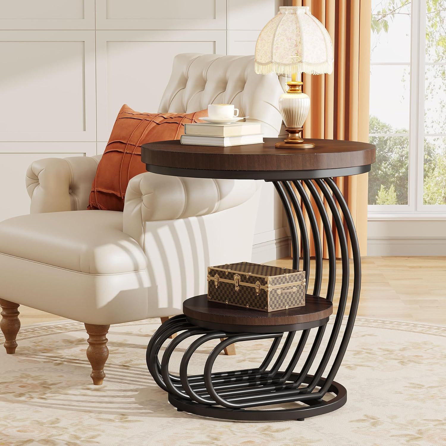 Round Vintage End Table With 2 Tier Storage