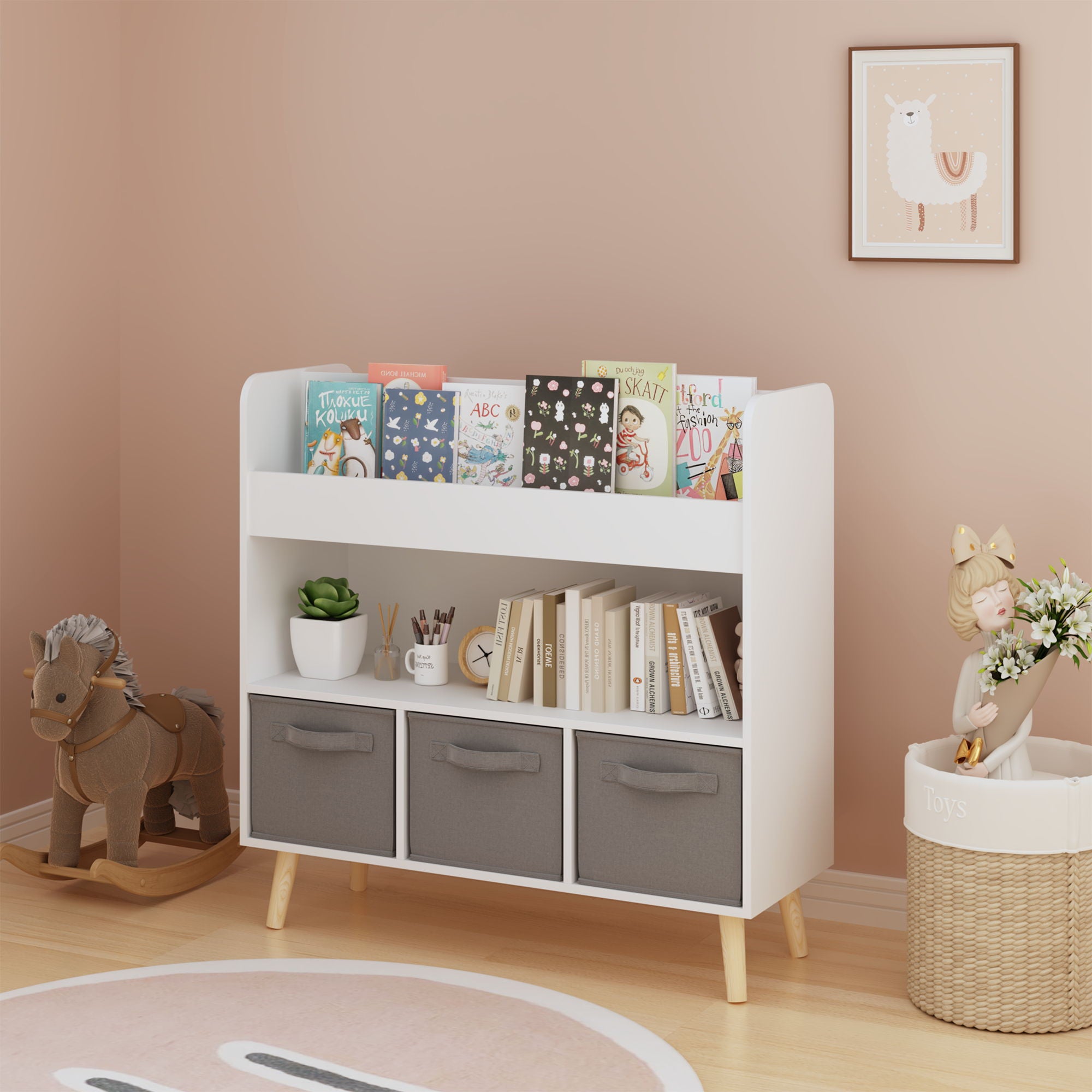 Bookshelf With 3 Bins, Storage Shelf For Toys And Books - White