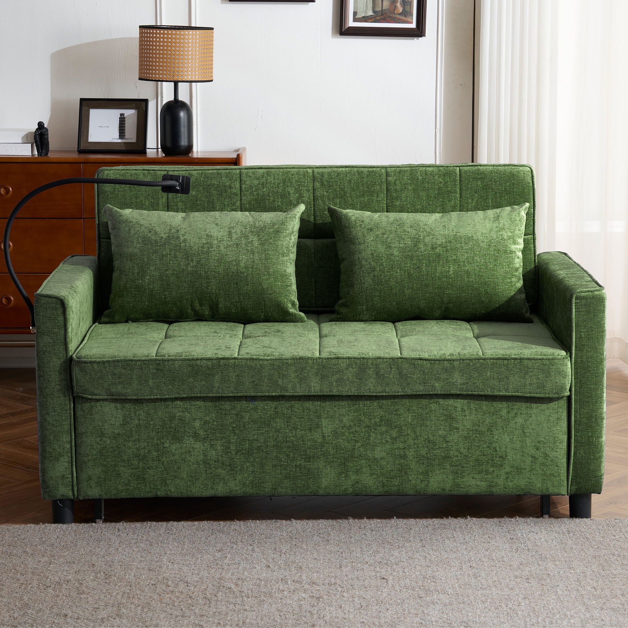 Loveseat Sofa Bed Sleeper With Reversible Backrest, Side Pockets, USB Ports, Phone Holder