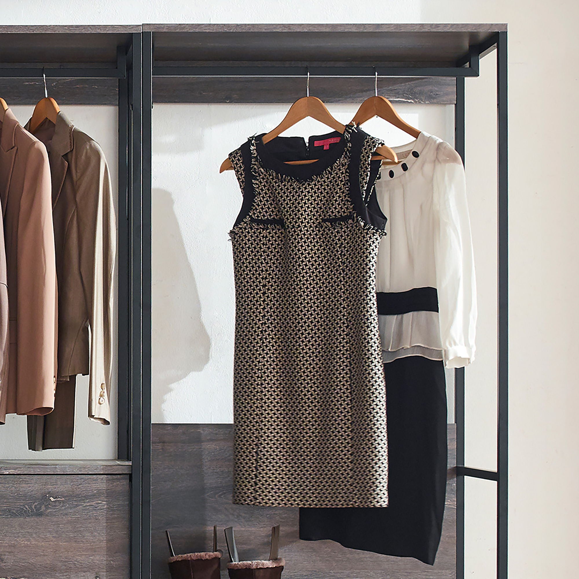Monica - Wood Walk In Closet System With Powder Coated Metal Frame And Melamine - Rustic