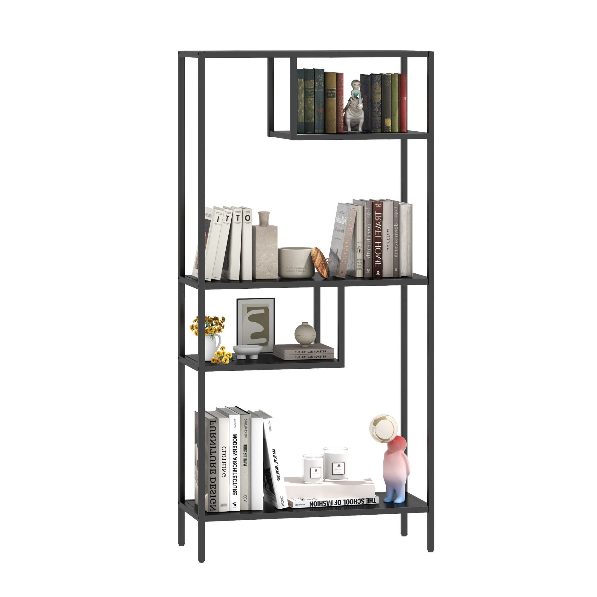 Modern Cube Storage Shelf With 4 Compartments & Metal Legs, Freestanding Organizer For Living Room, Bedroom, Home Office - Brushed Nickel