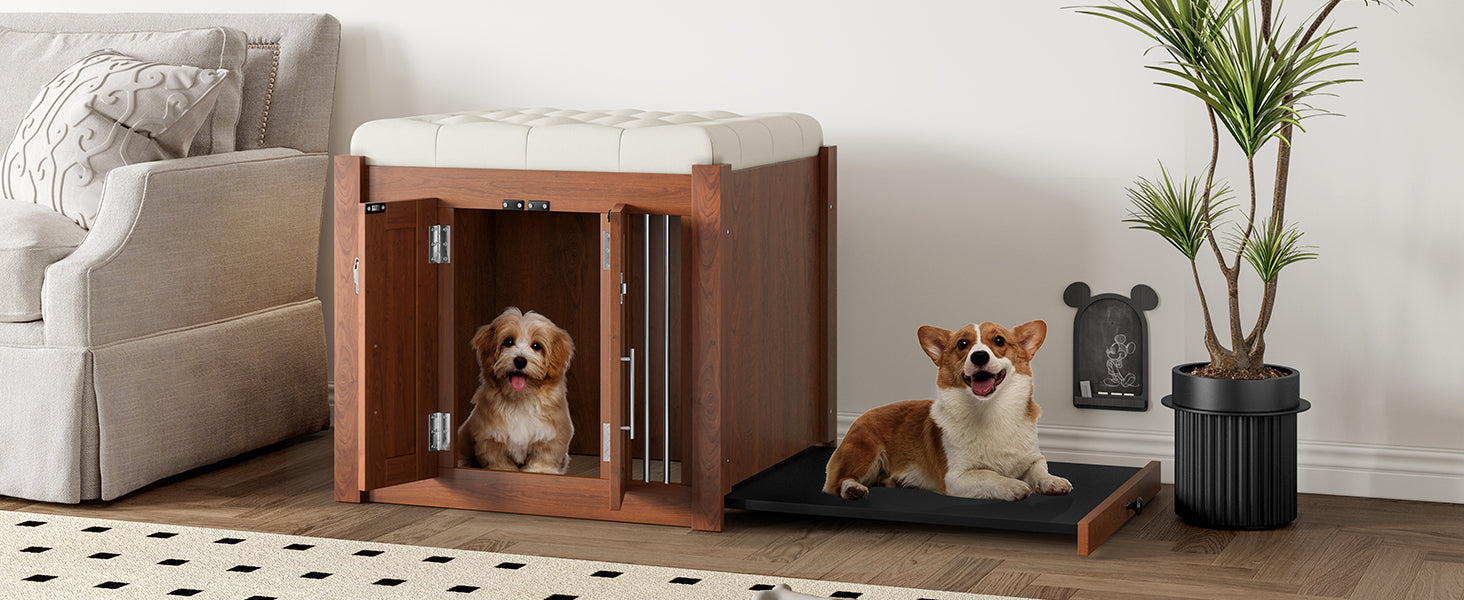 2 in 1 Walnut Dog Crate Nightstand with Storage