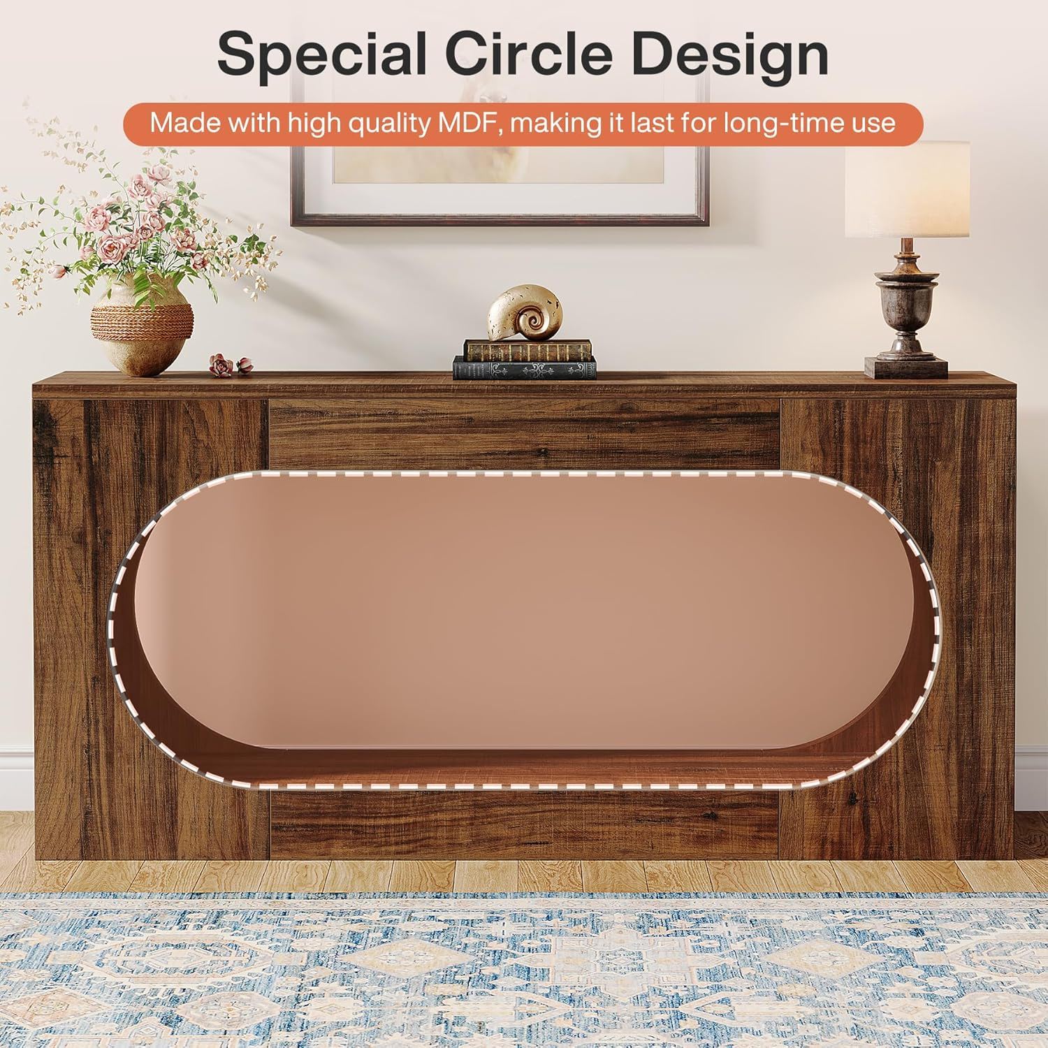 Narrow 2 Tier Console Table With Scalloped Edge For Living Hallway - Brown