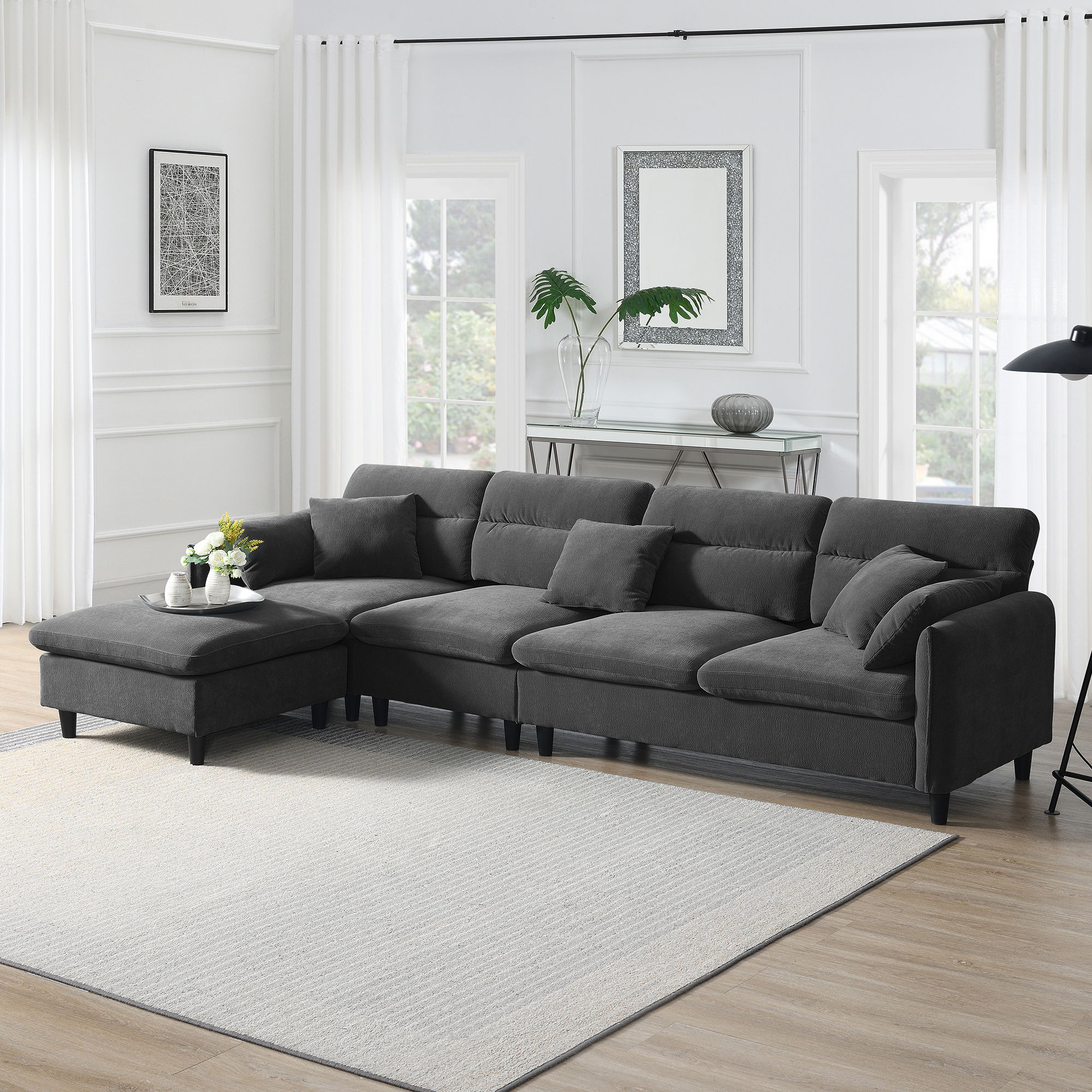 Modern Convertible Sectional Sofa L Shaped Reversible Couch Set With Free Pillows 5 Seat Cloud With Ottoman