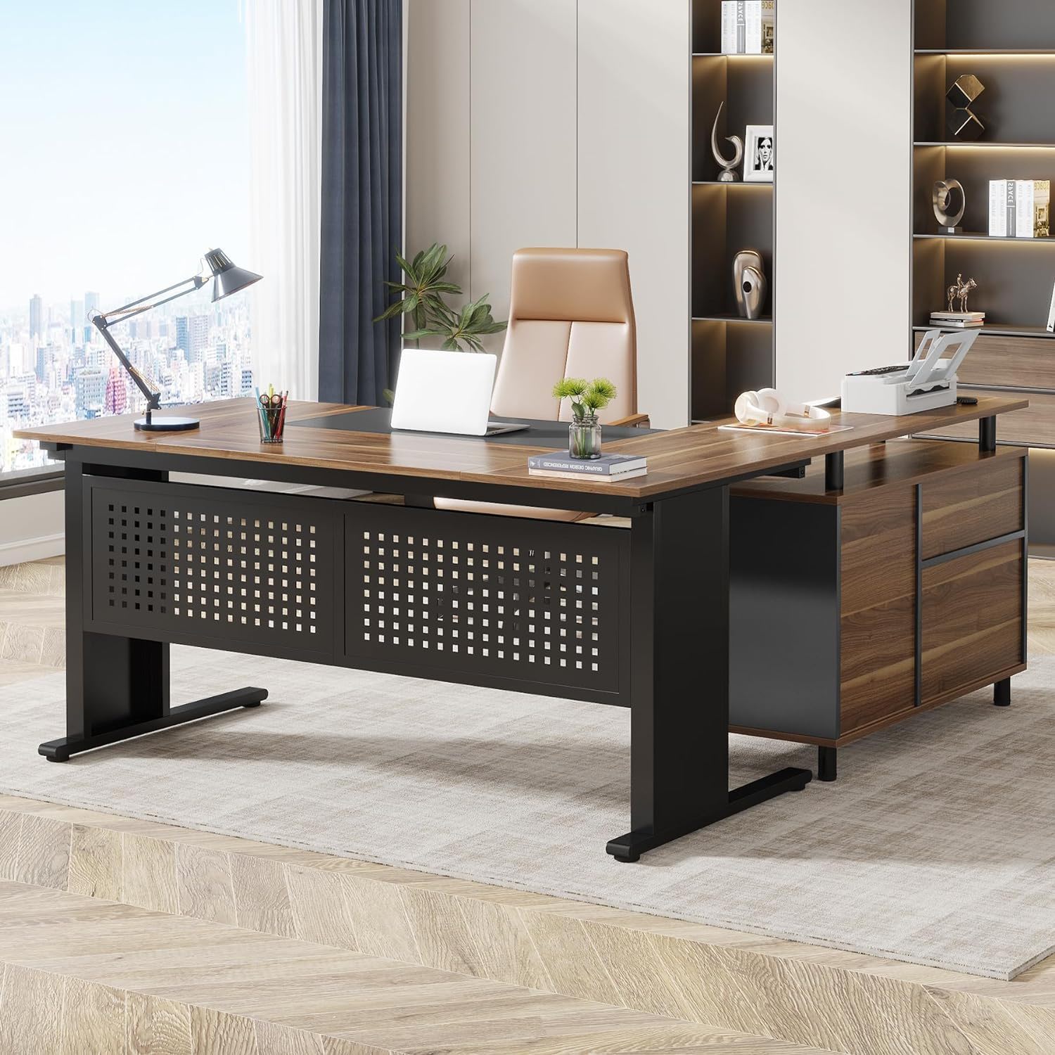 L-Shaped Executive Desk With File Cabinet , Office Workstation With Drawers, Shelves & Storage
