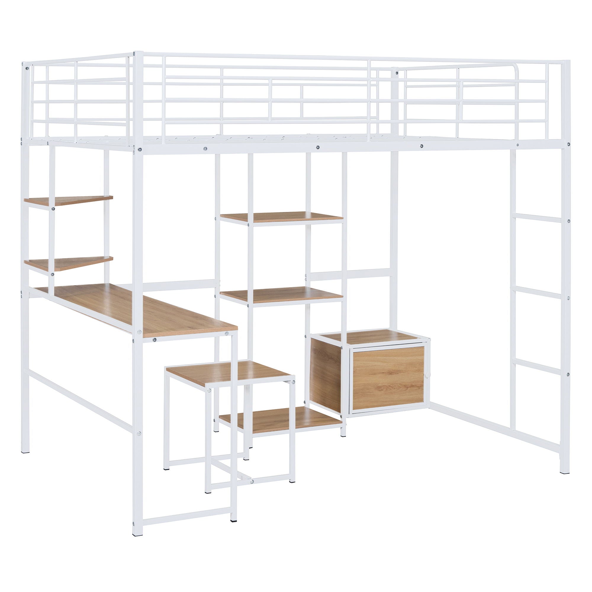 Full Size Loft Bed With Desk And Stool, With Open Style Wardrobe, Shelves And Cabinet - White