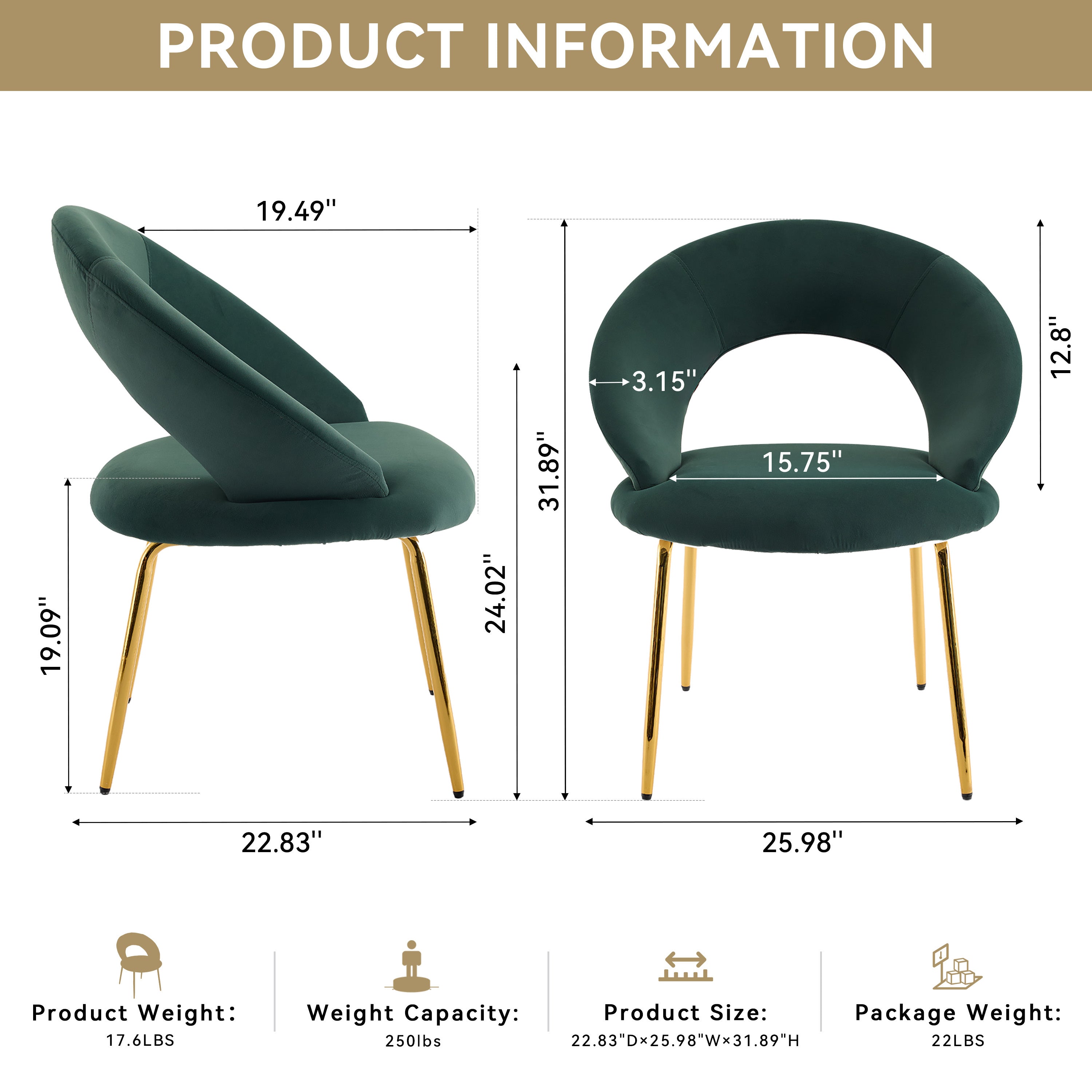 Velvet Fabric Dining Chair with Curved Backrest and Golden Metal Legs