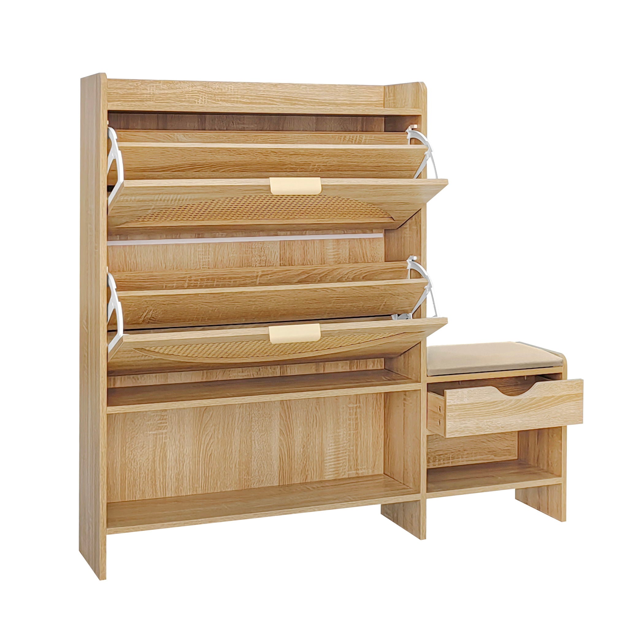 Shoe Storage Cabinet Rattan Shoe Storage Organizer With 2 Flip Drawers, A Storage Drawer And A Bench For Entryway, And Hallway - Light Brown