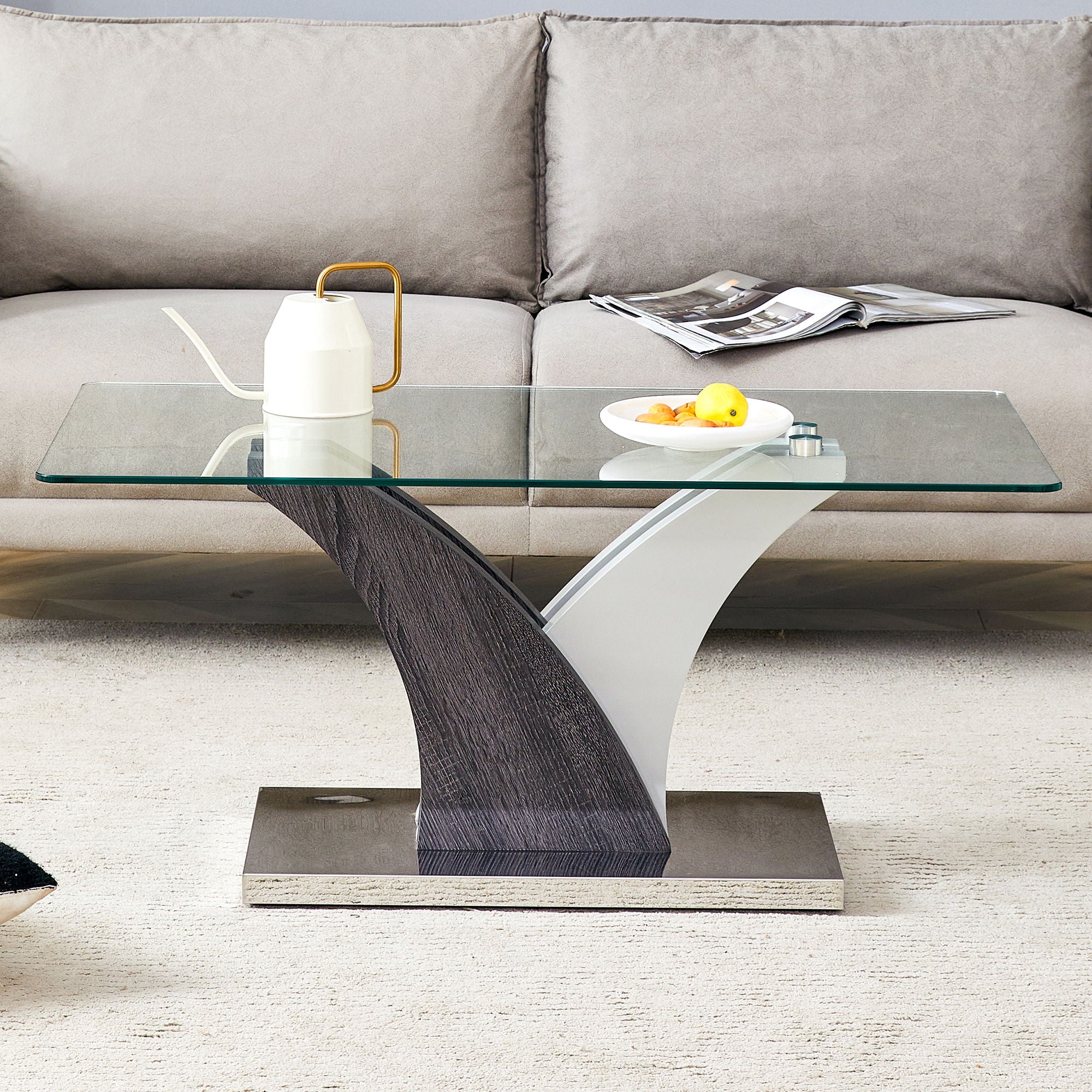Artistic Rectangular Coffee Table With Tempered Glass Countertop