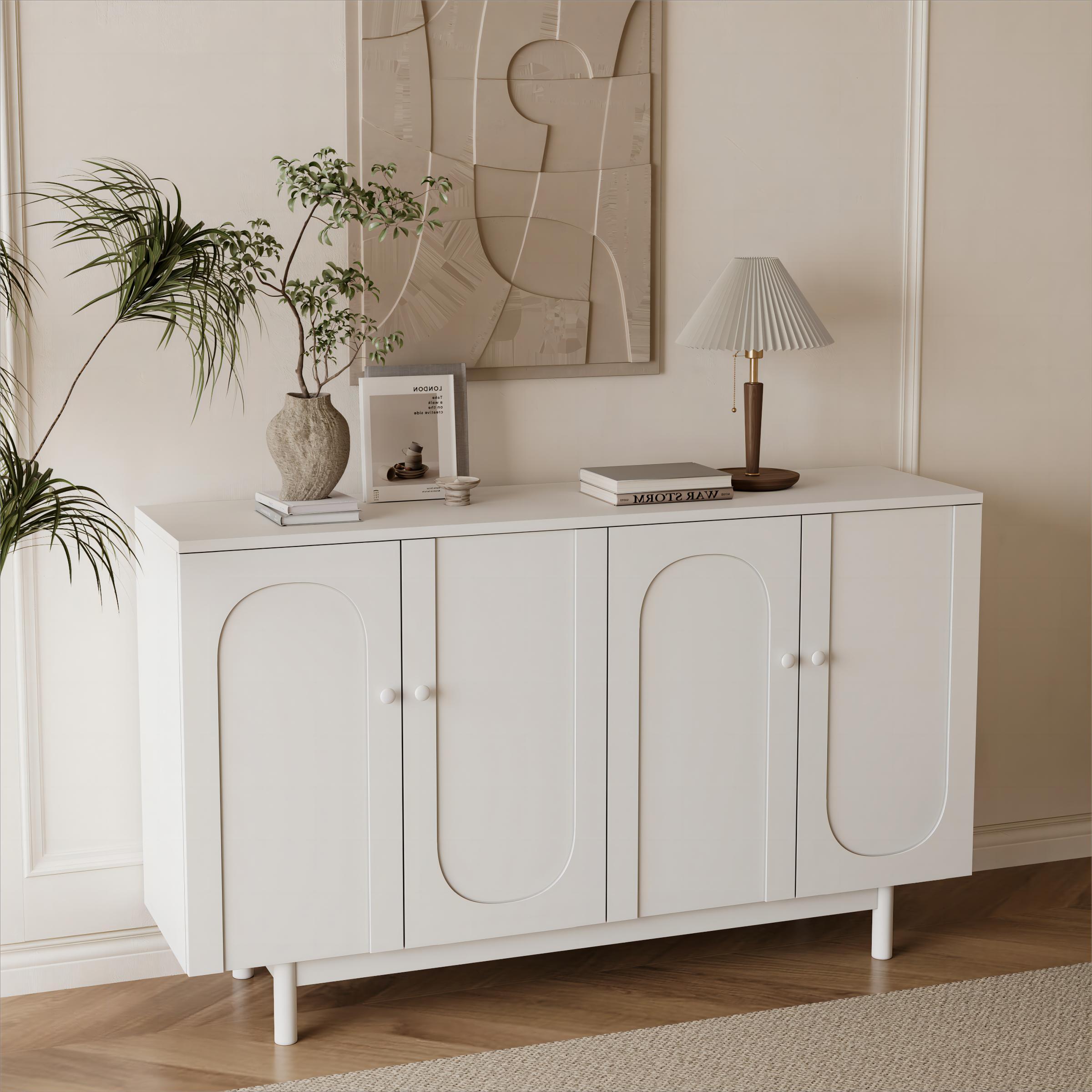 Stylish 4-Door Intaglio Storage Cabinet with Pine Legs and Solid Wood Pulls