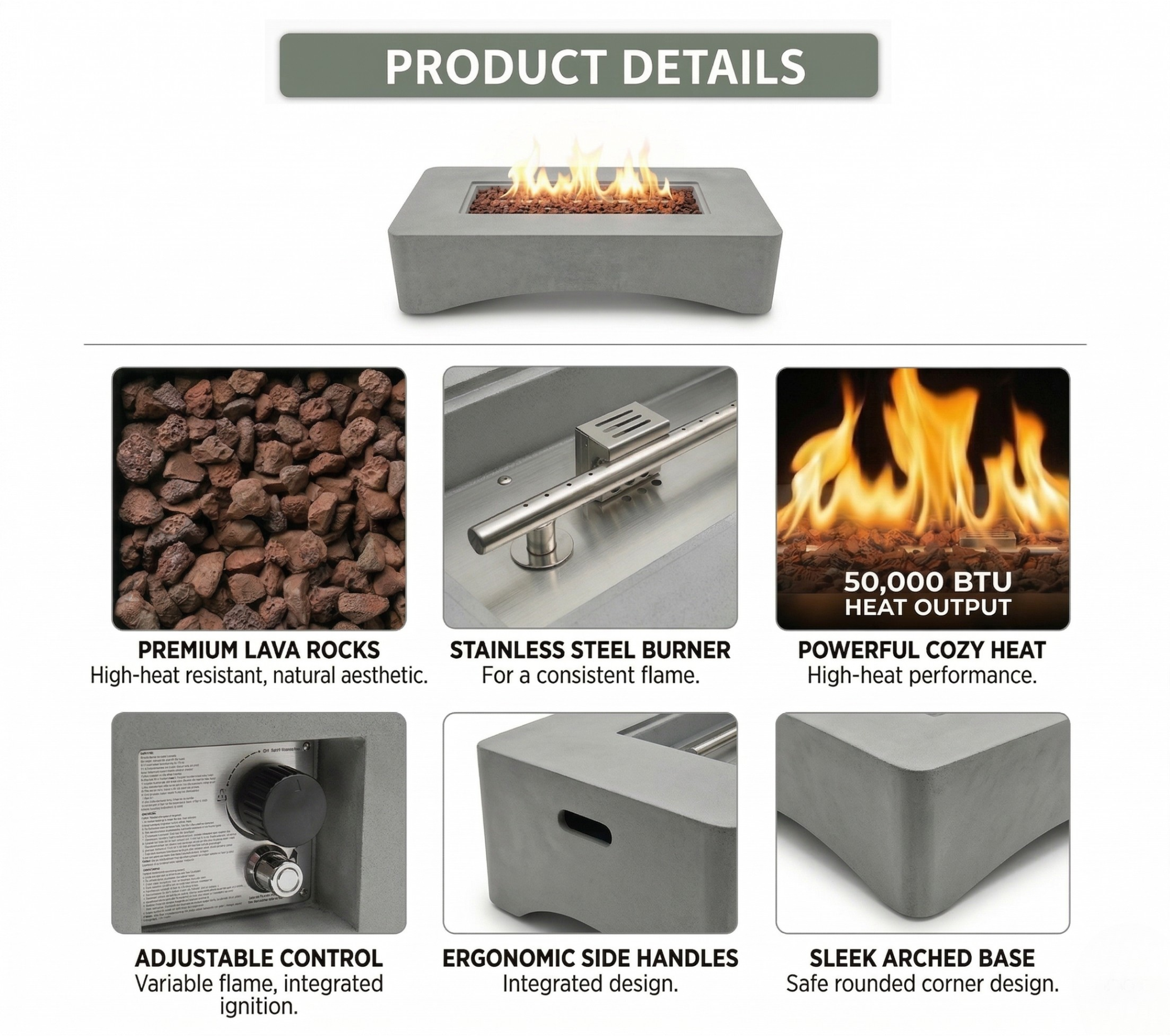 56' Propane Fire Pit Table - Rectangular Outdoor Gas Fire Pit