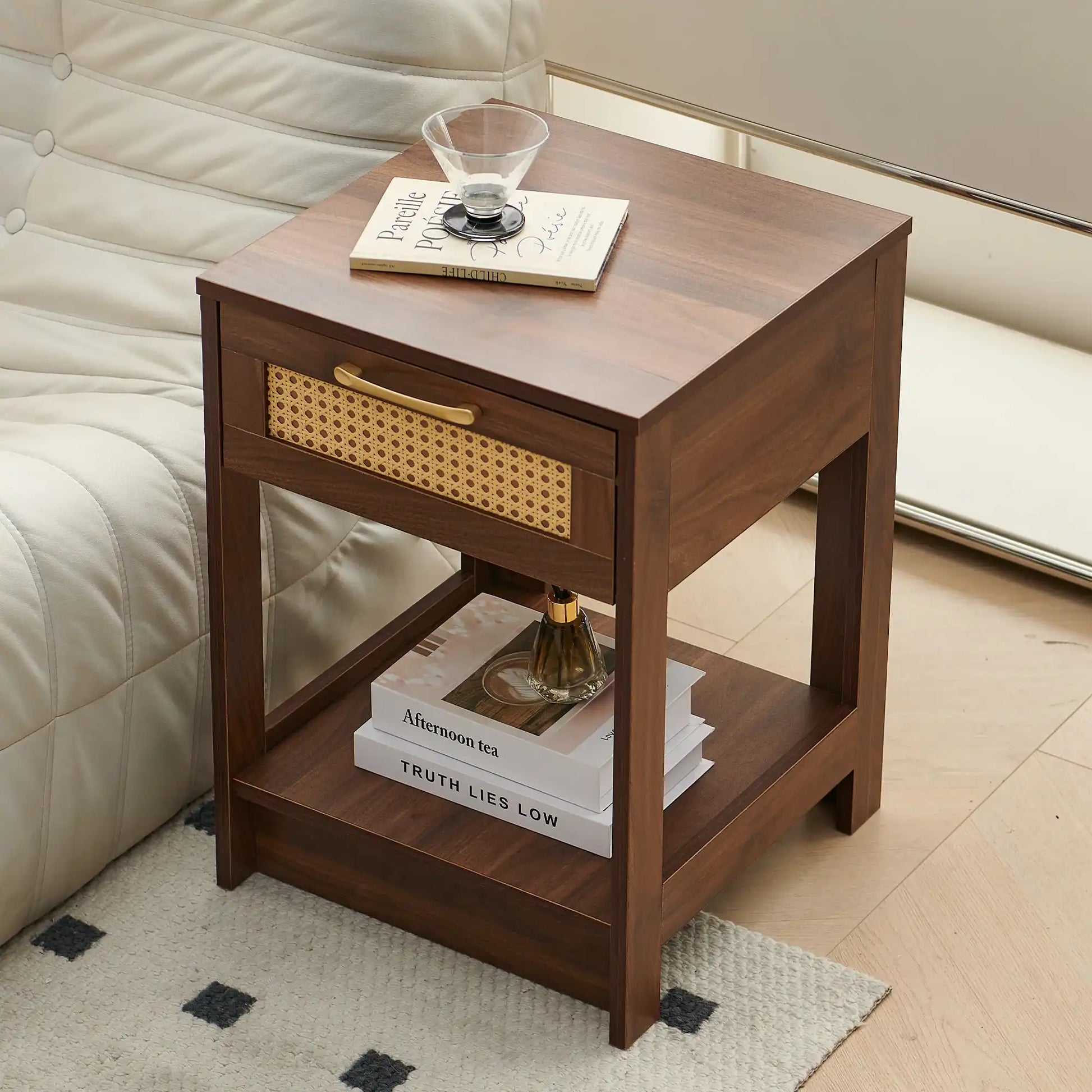 Modern Walnut Rattan Nightstand with Drawer - Best Buy Furniture