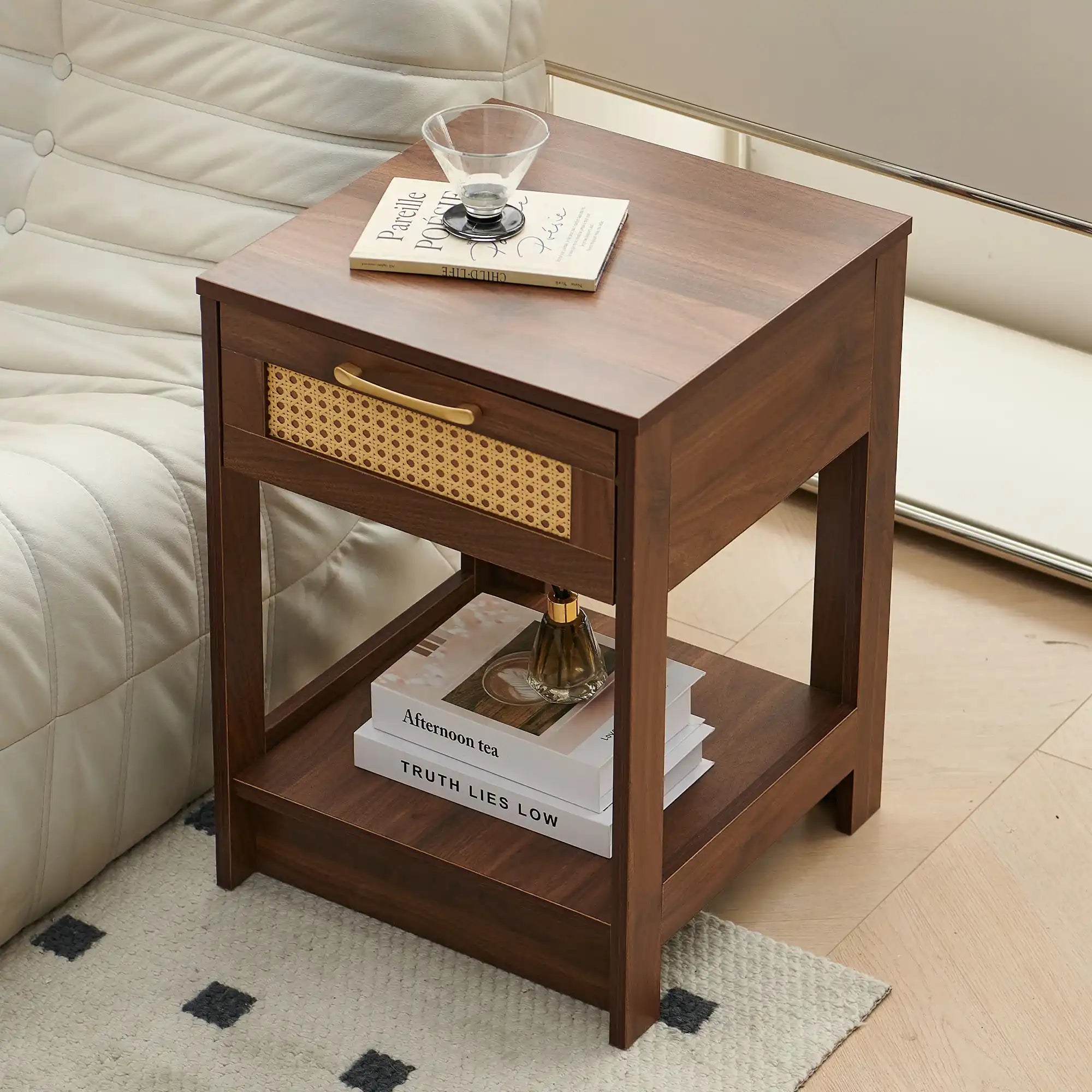 Modern Walnut Rattan Nightstand with Drawer - Best Buy Furniture