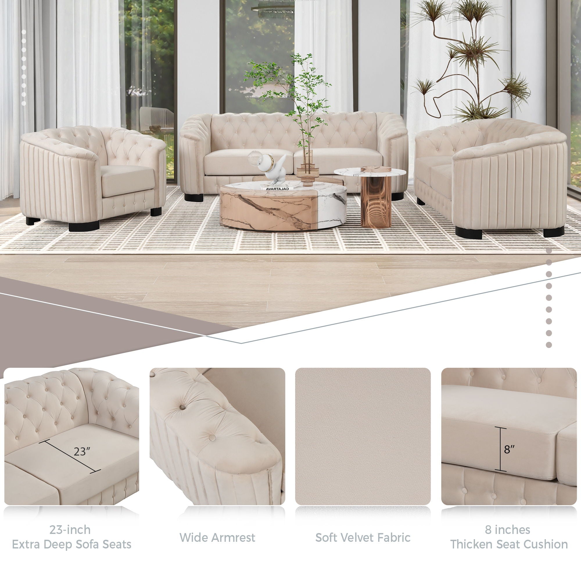 Sofa With Thick Removable Seat Cushion, 3 Seater