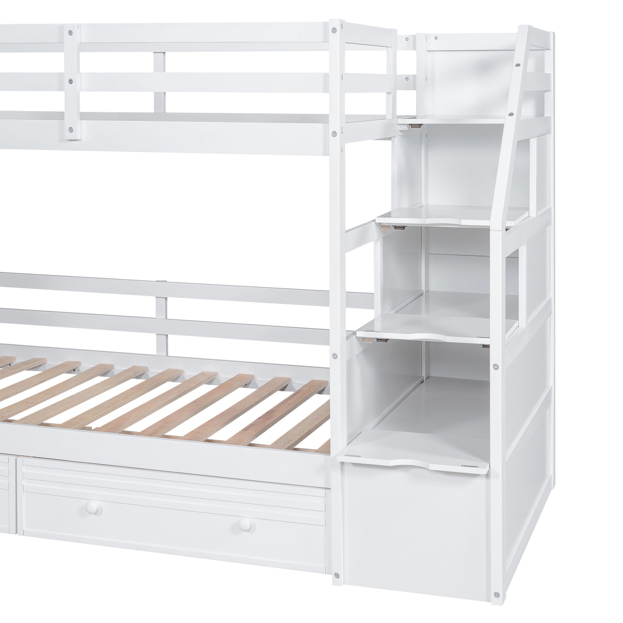 Bunk Bed With Storage Staircase, Slide, Desk, Drawers, And Shelves