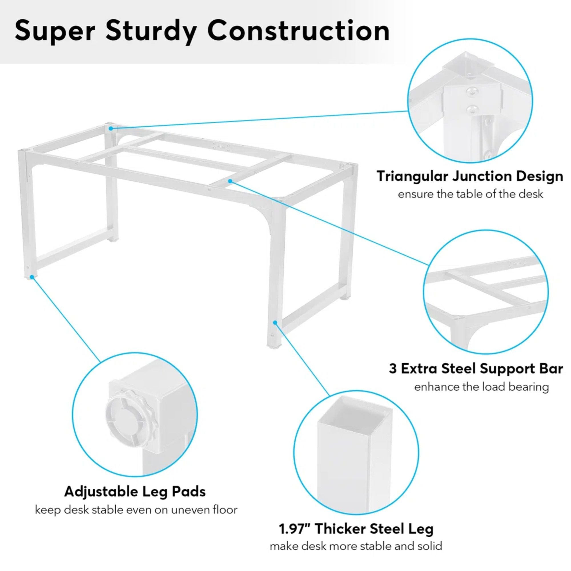 Executive Desk, Large Office Computer Workstation With Thick Frame - White