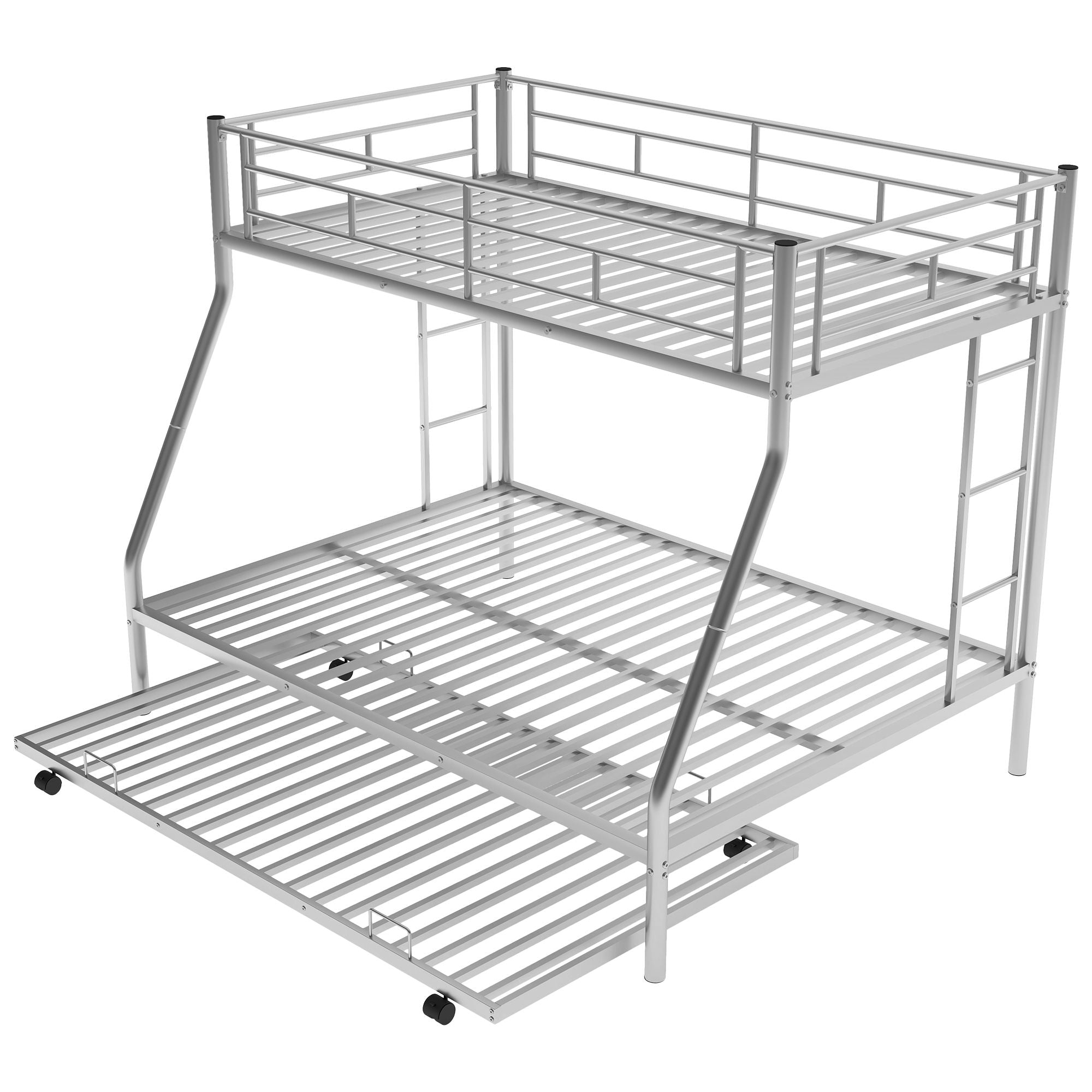 Bunk Bed With Steel Frame And Trundle, 2 Side Ladders