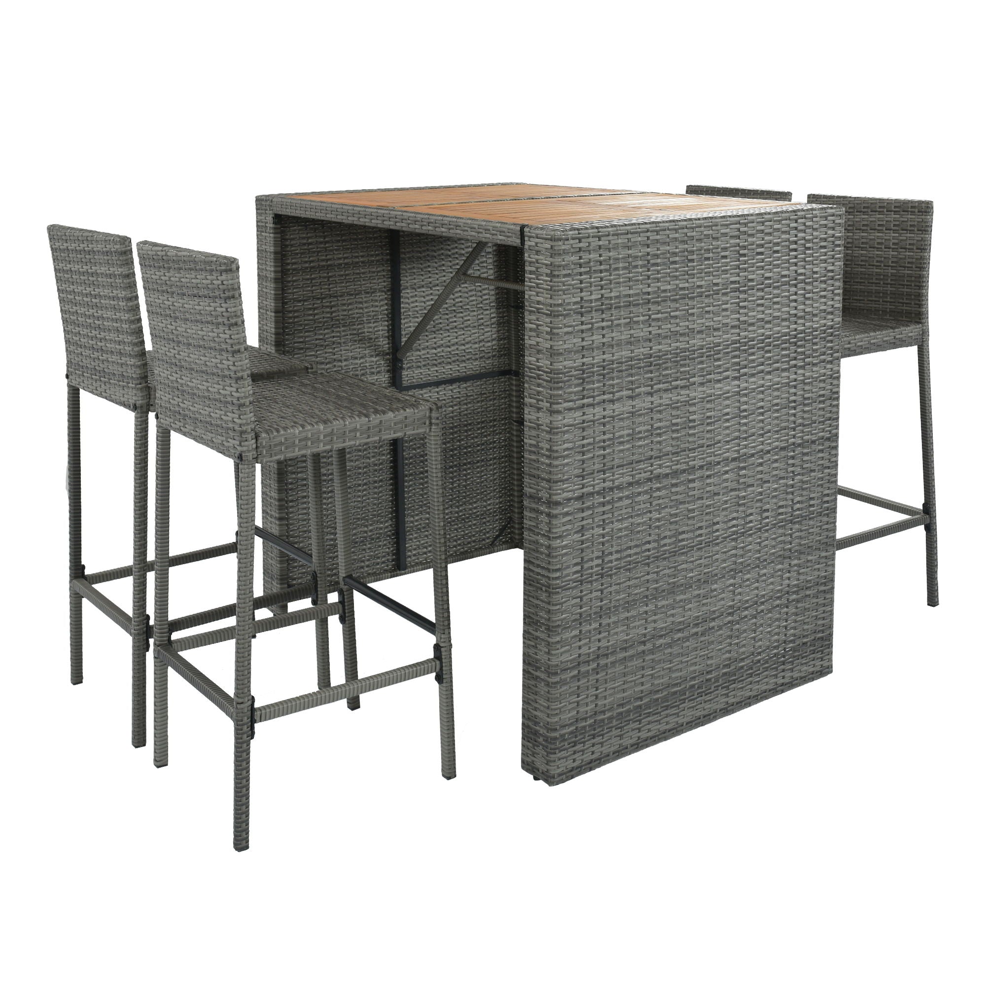 5 Pieces Outdoor Patio Wicker Bar Set, Bar Height Chairs With Non-Slip Feet And Fixed Rope, Removable Cushion, Acacia Wood Table Top - Brown / Gray