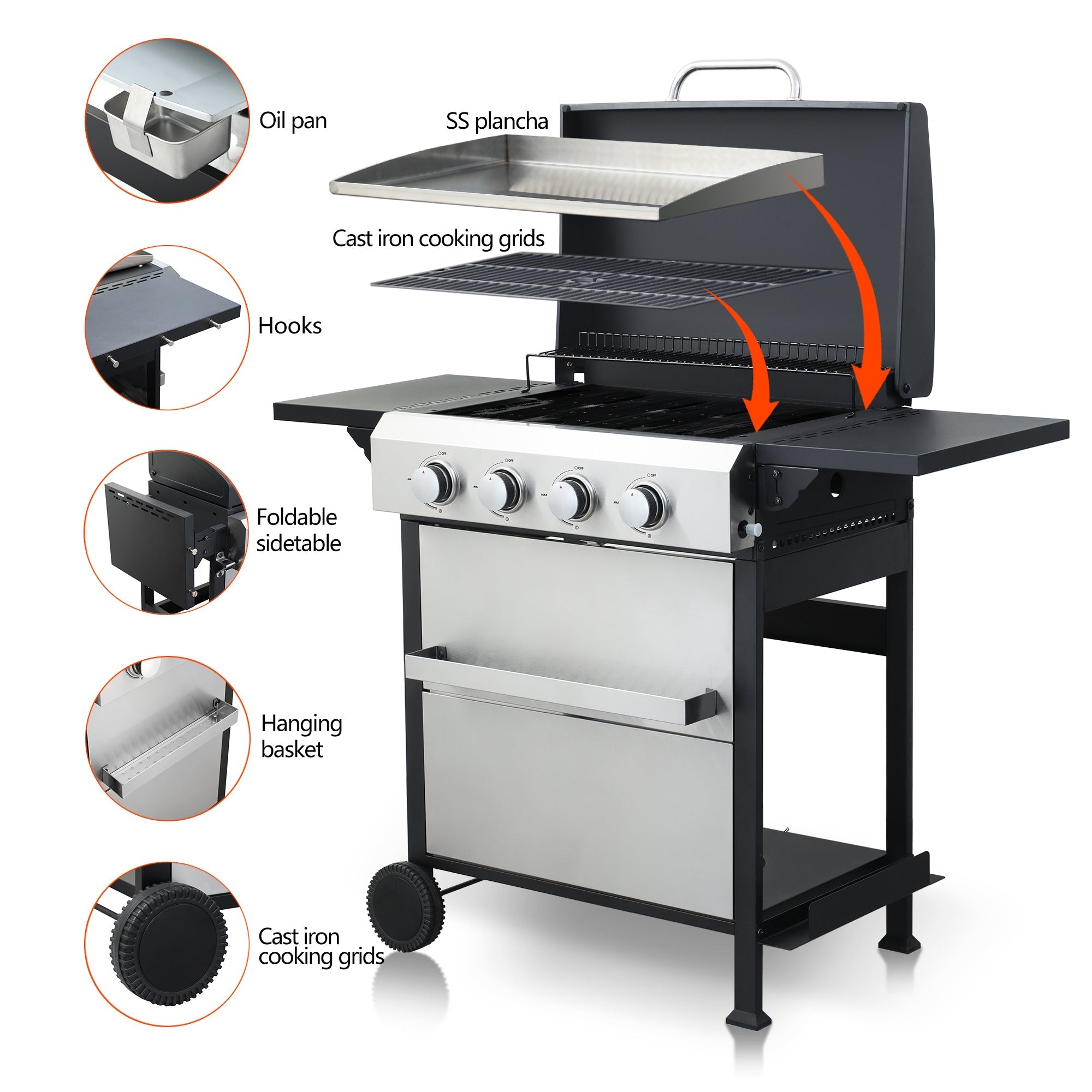 4-Burner Propane Gas BBQ Grill with Stainless Steel Plancha