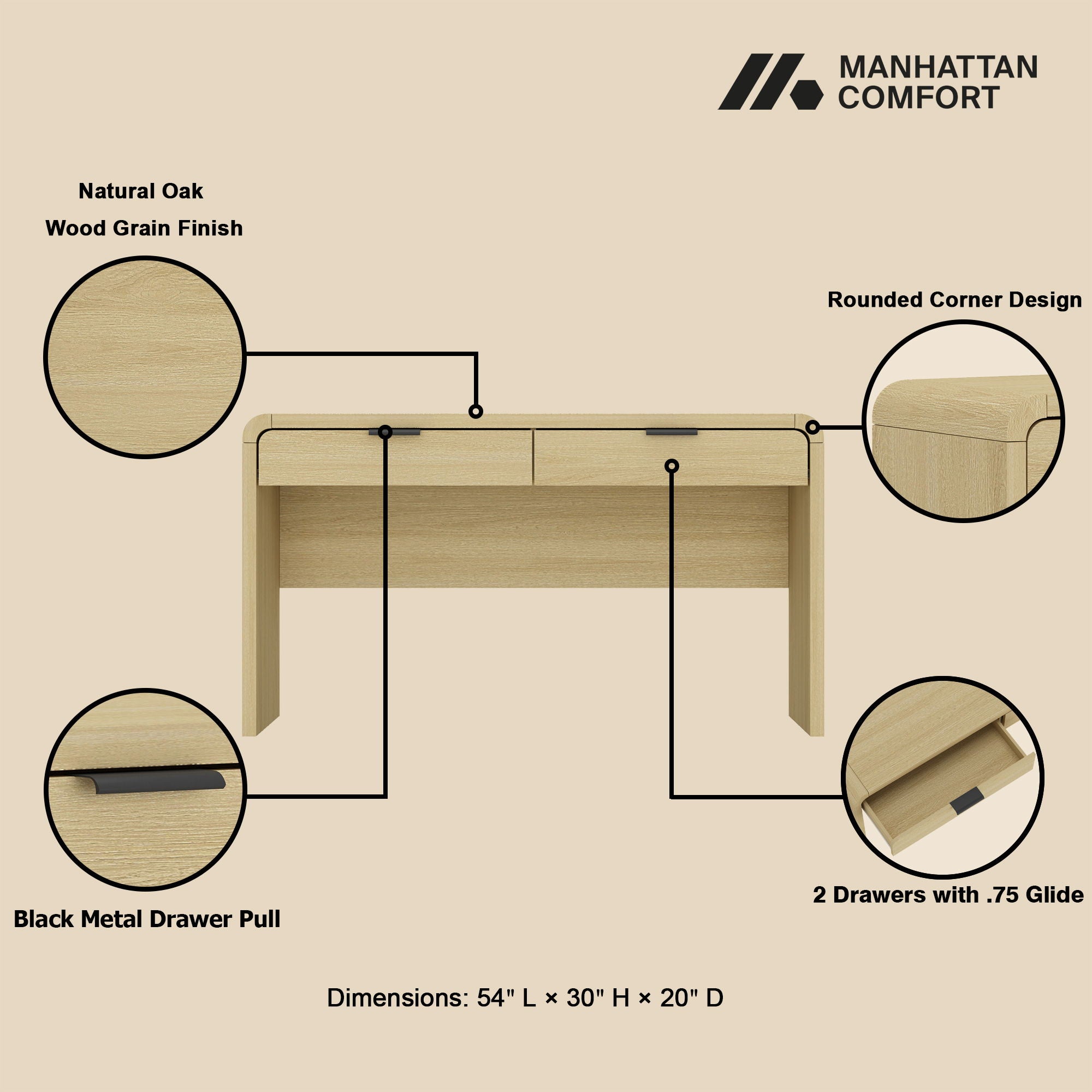 Grace - Office Desk & 2 Drawers - Oak