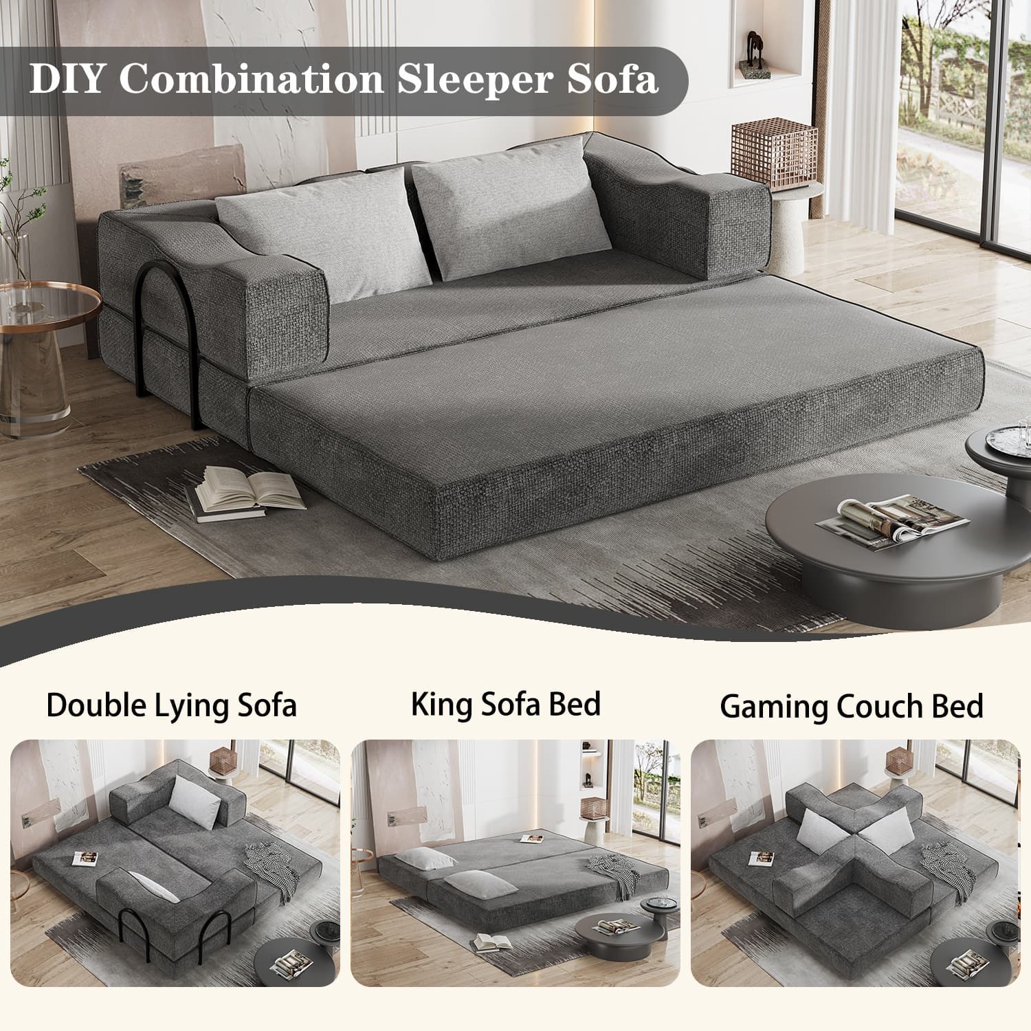 Convertible Couch Bed With 2 Pillows, 3 Seat Folding Floor Couch & King Size Bed Mattress, Diy Combination - Gray