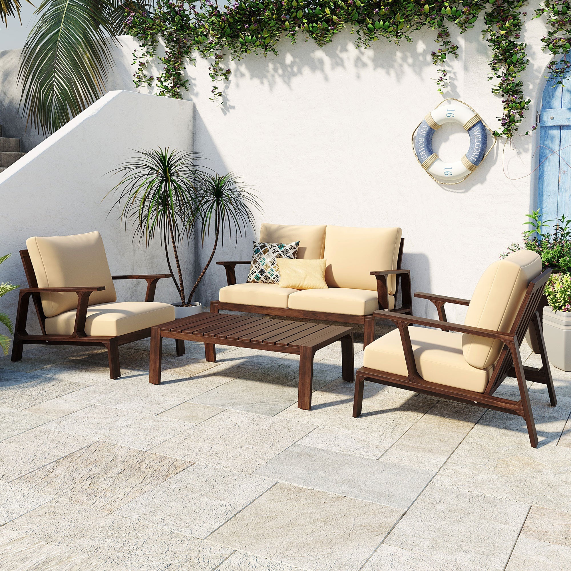 4-Piece Outdoor Sofa Set with Cushions and Coffee Table