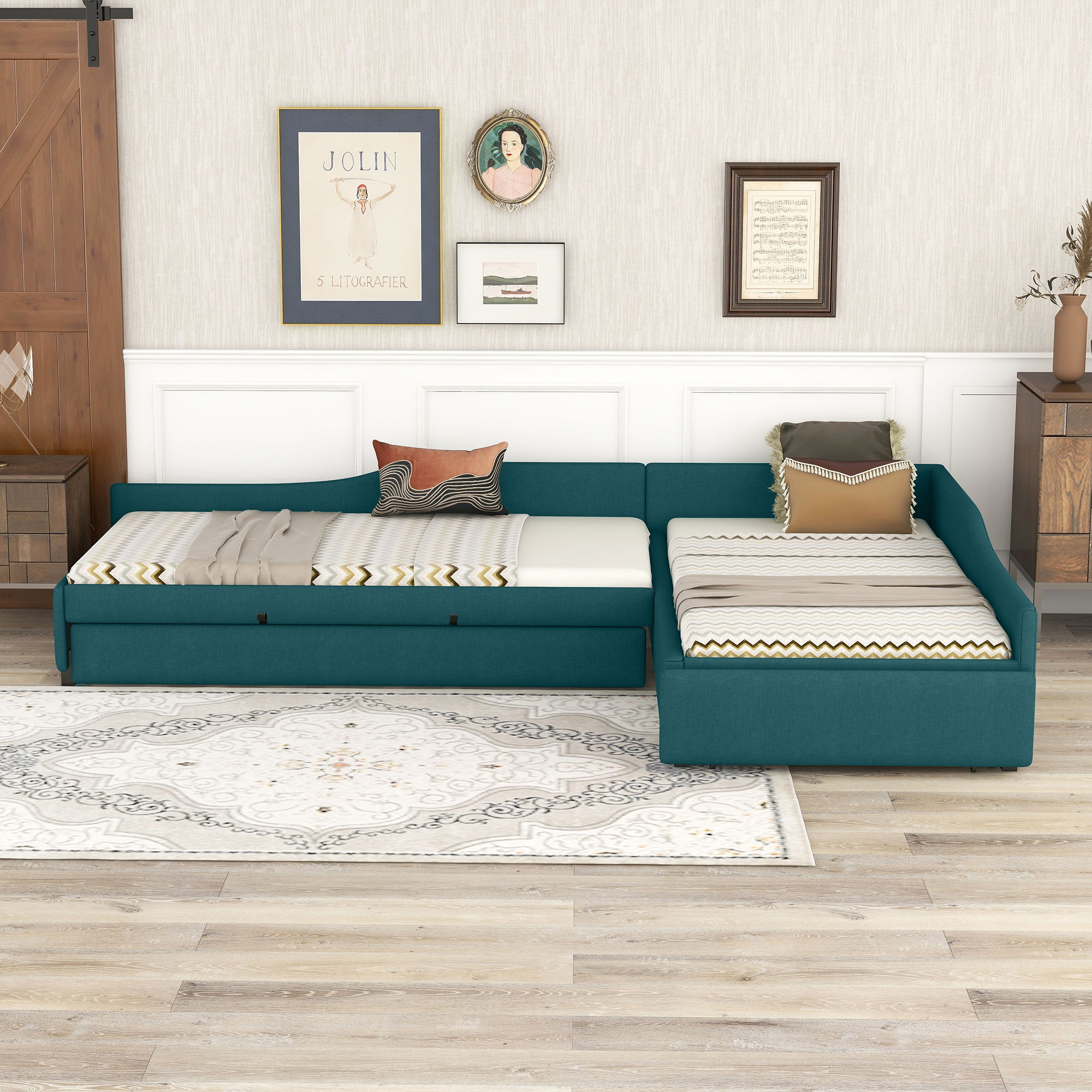 Upholstered Double Daybed With Trundle And Drawer