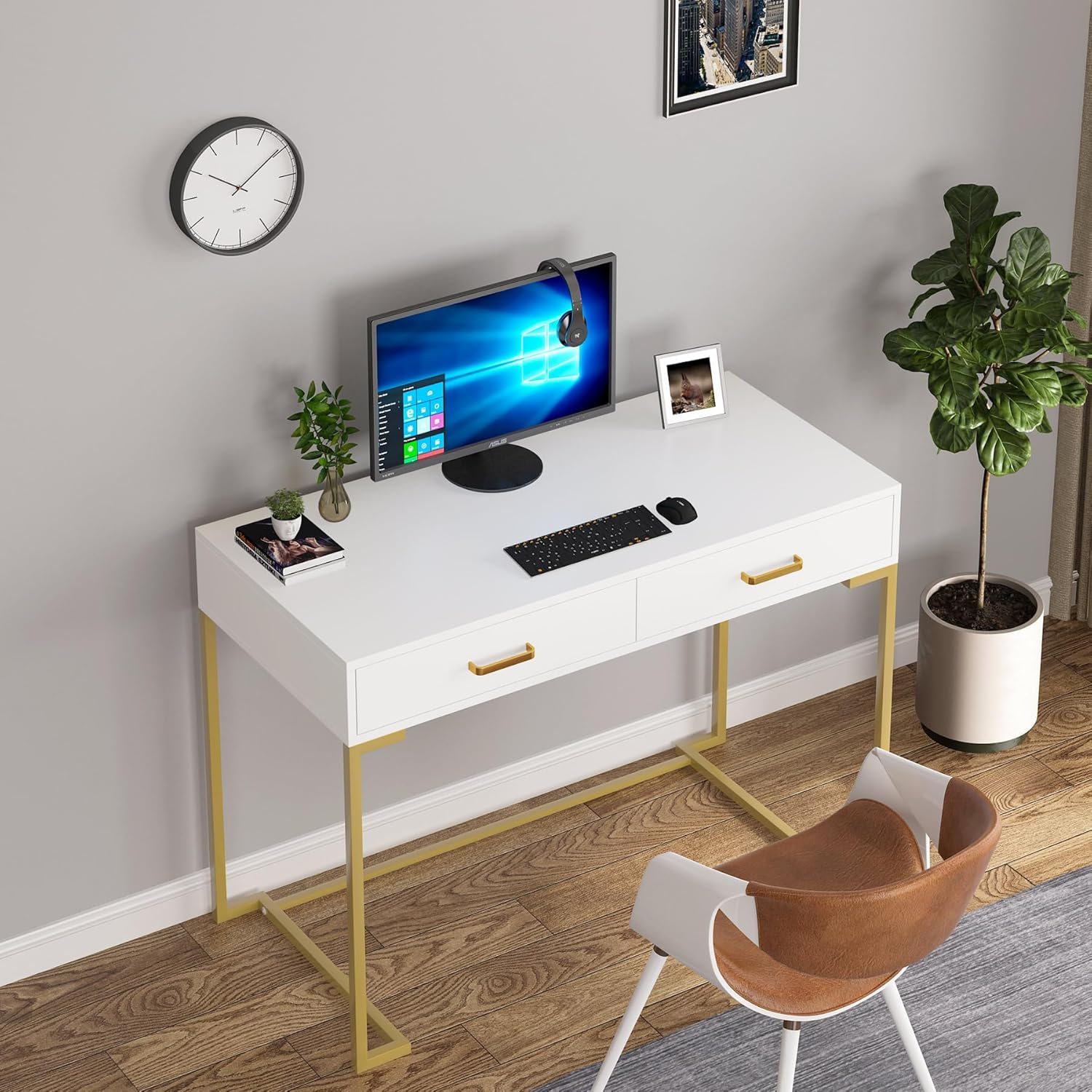 Minimalist Home Office Computer Desk With 2 Drawers, Compact Writing Table For Small Spaces - White / Gold