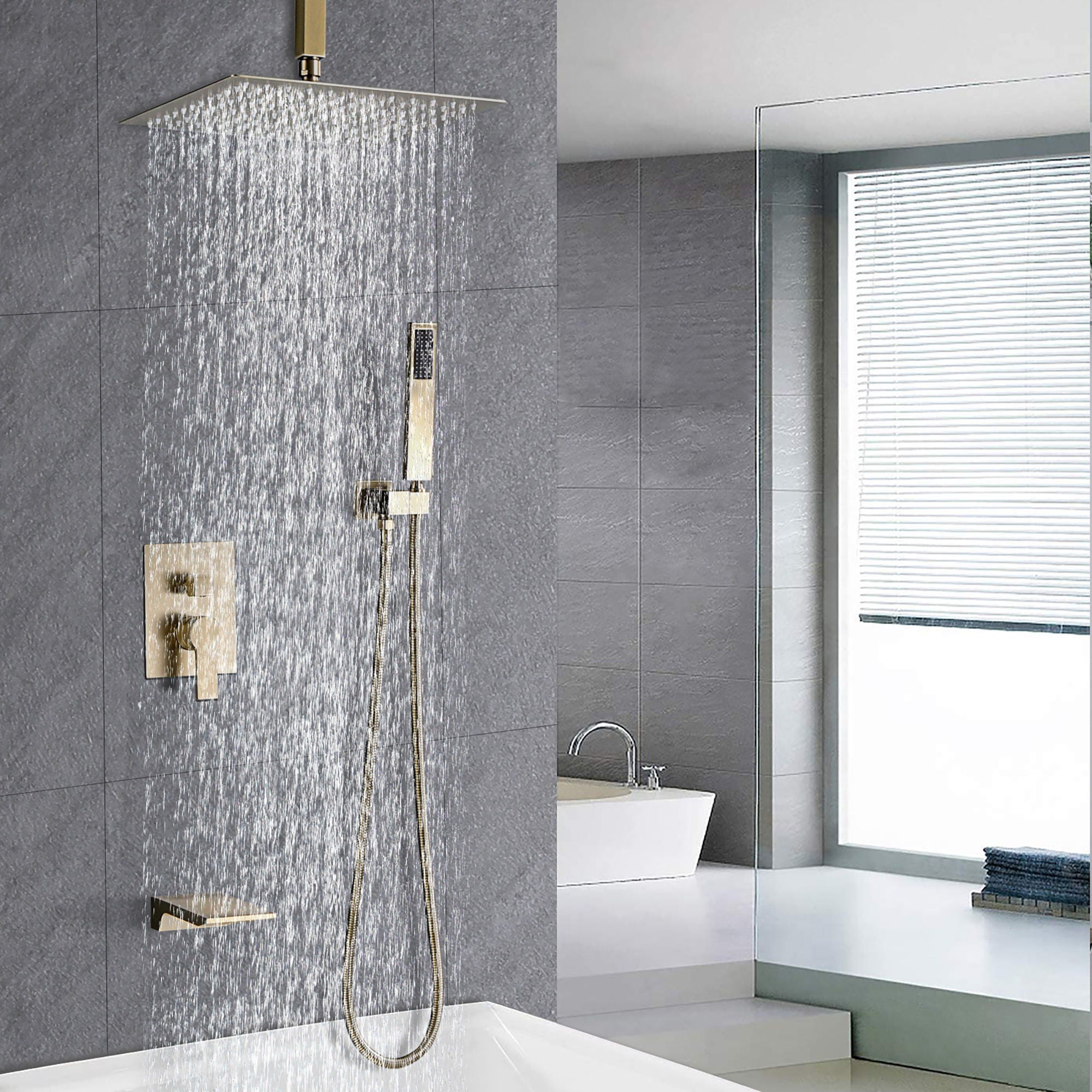 Elegant Shower System High Pressure Rainfall Shower Head With Handheld Spray Stainless Steel - Brushed Gold