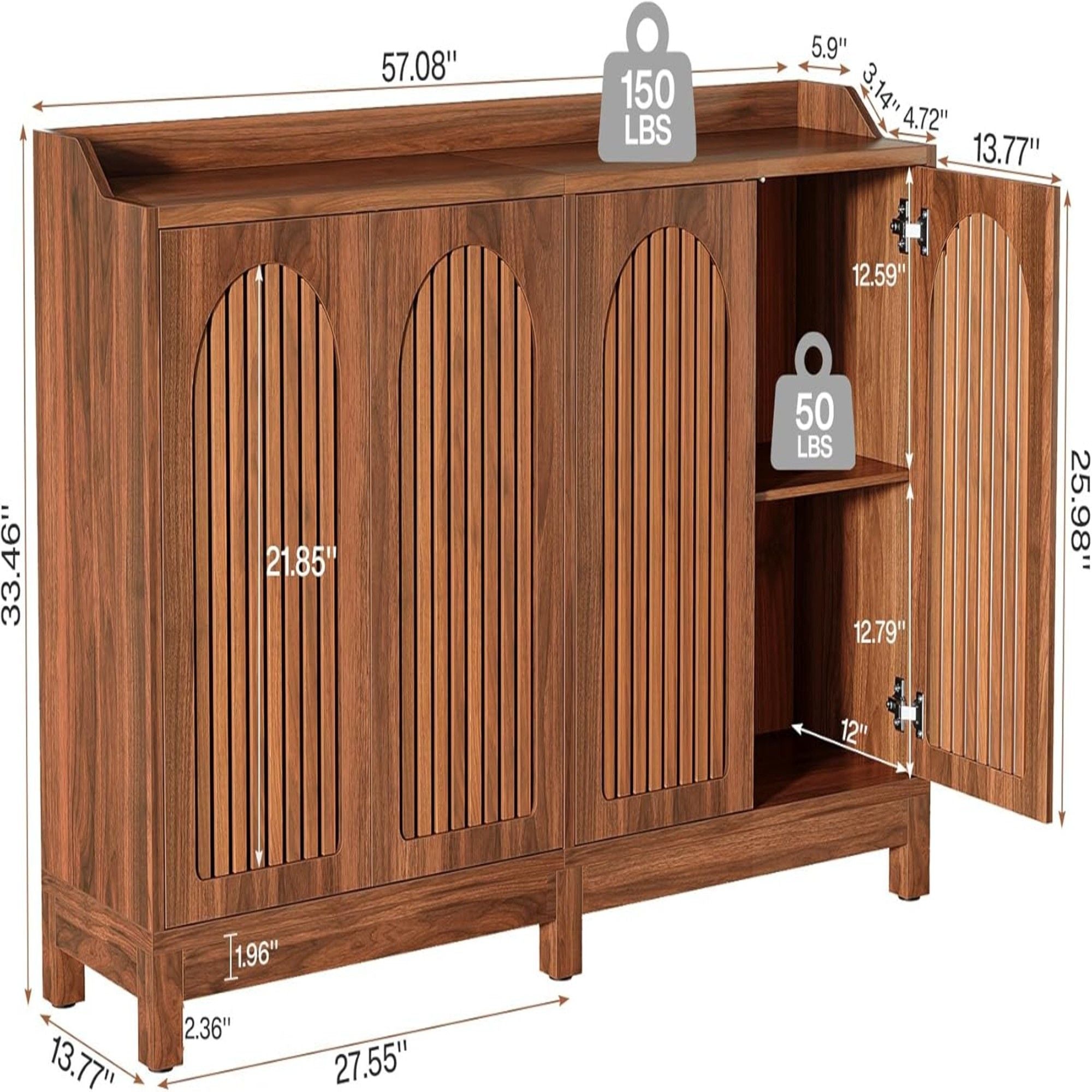 Sideboard Buffet Cabinet With 4 Doors & Shelves, Credenza Table For Dining Room - Brown