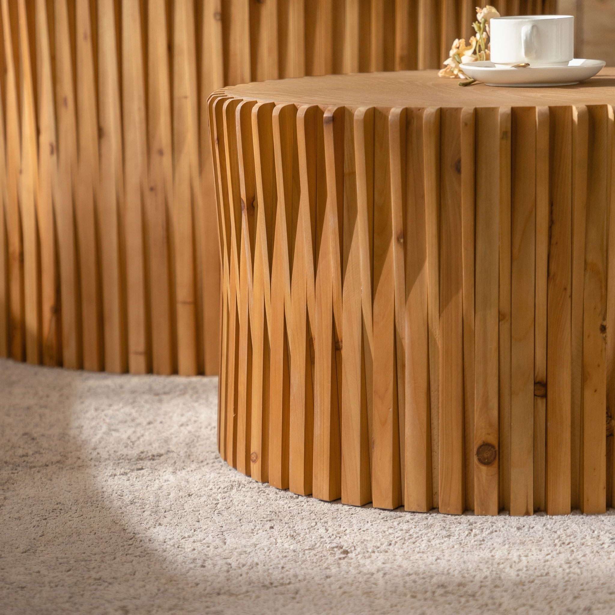 Cylindrical Coffee Table With Vertical Texture Relief