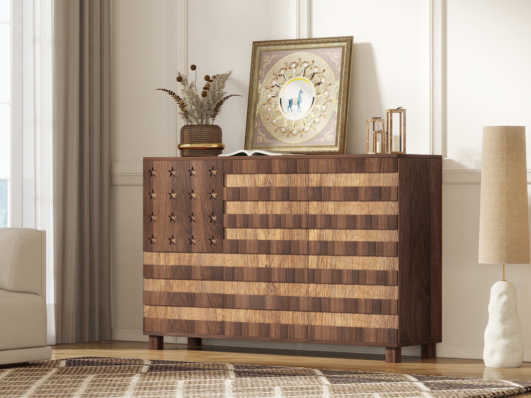 55-Inch Walnut Buffet Sideboard Cabinet with Storage