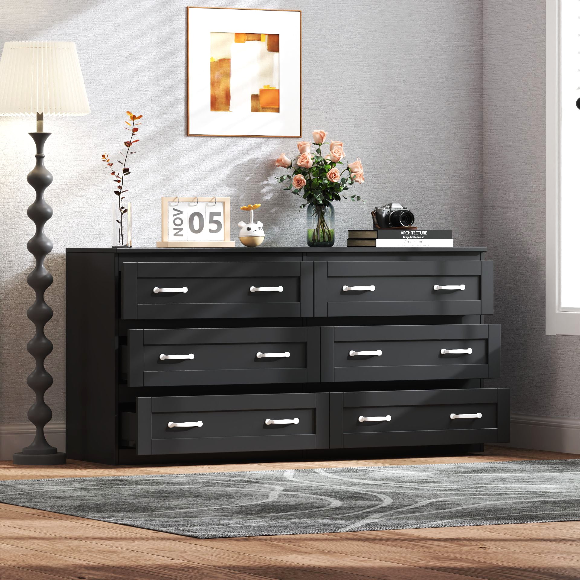 Modern Black Side Cabinet with 6 Drawers