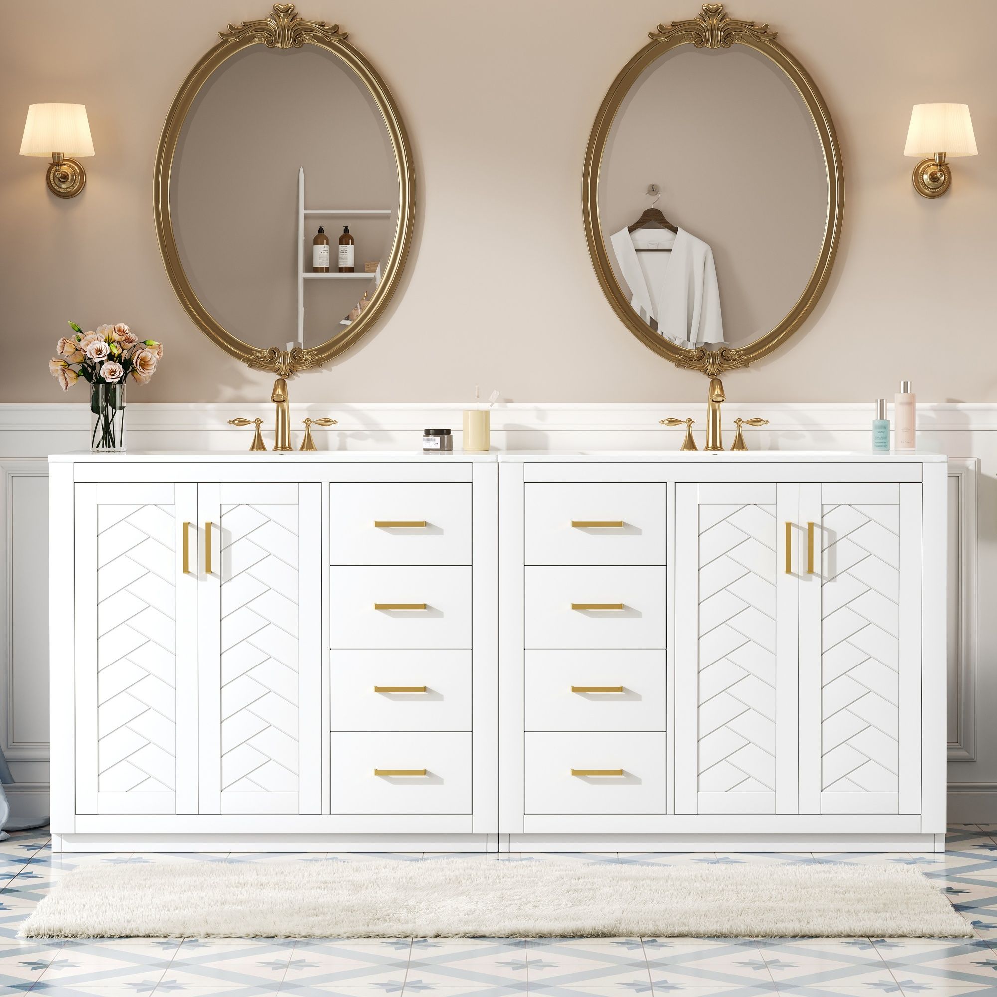 Modern Bathroom Vanity With Ceramic Sink, 6 Drawers & Soft-Close Doors