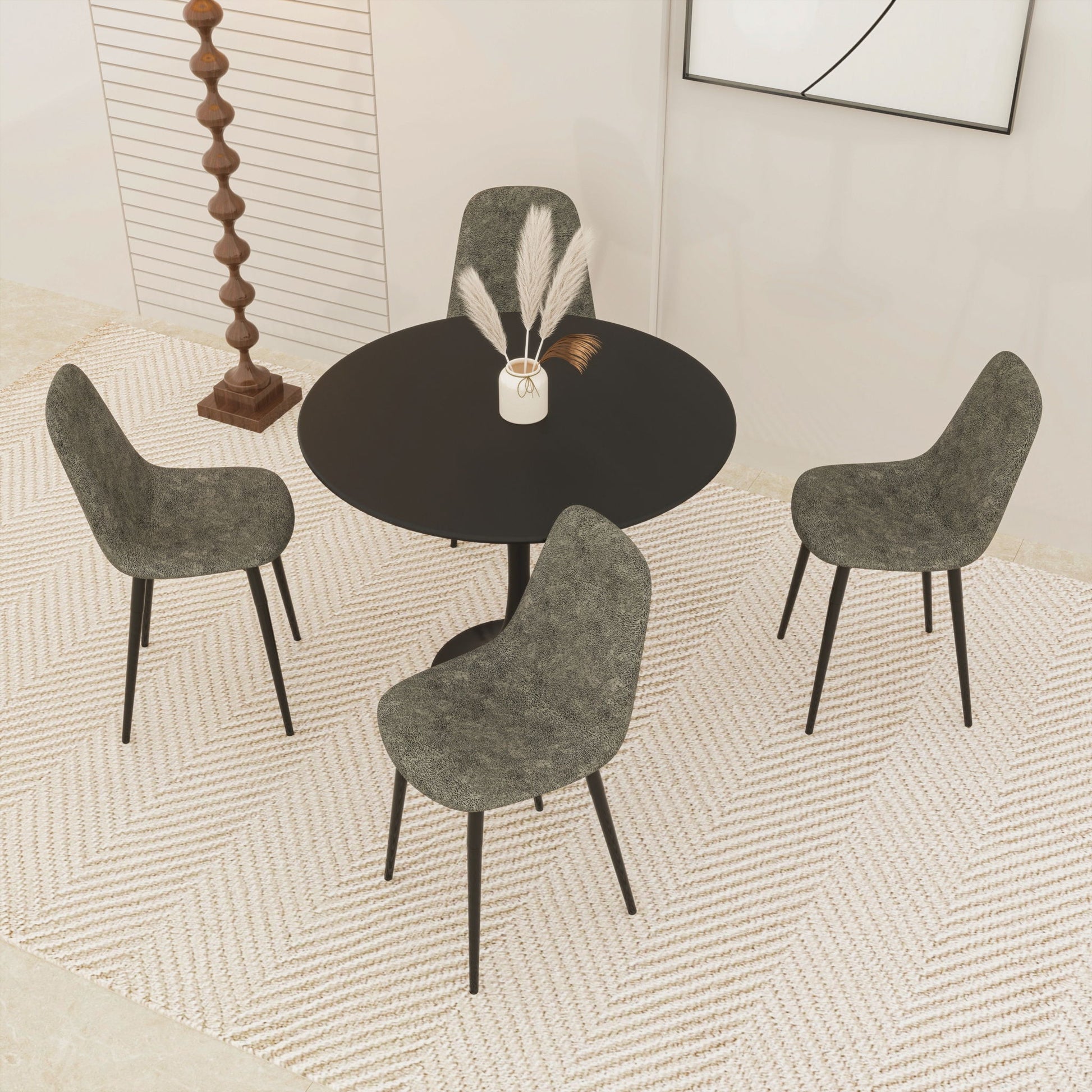 Modern Dining Table Set For 4 With Suede Upholstered Chairs, Round Design - Black / Gray - Best Buy Furniture