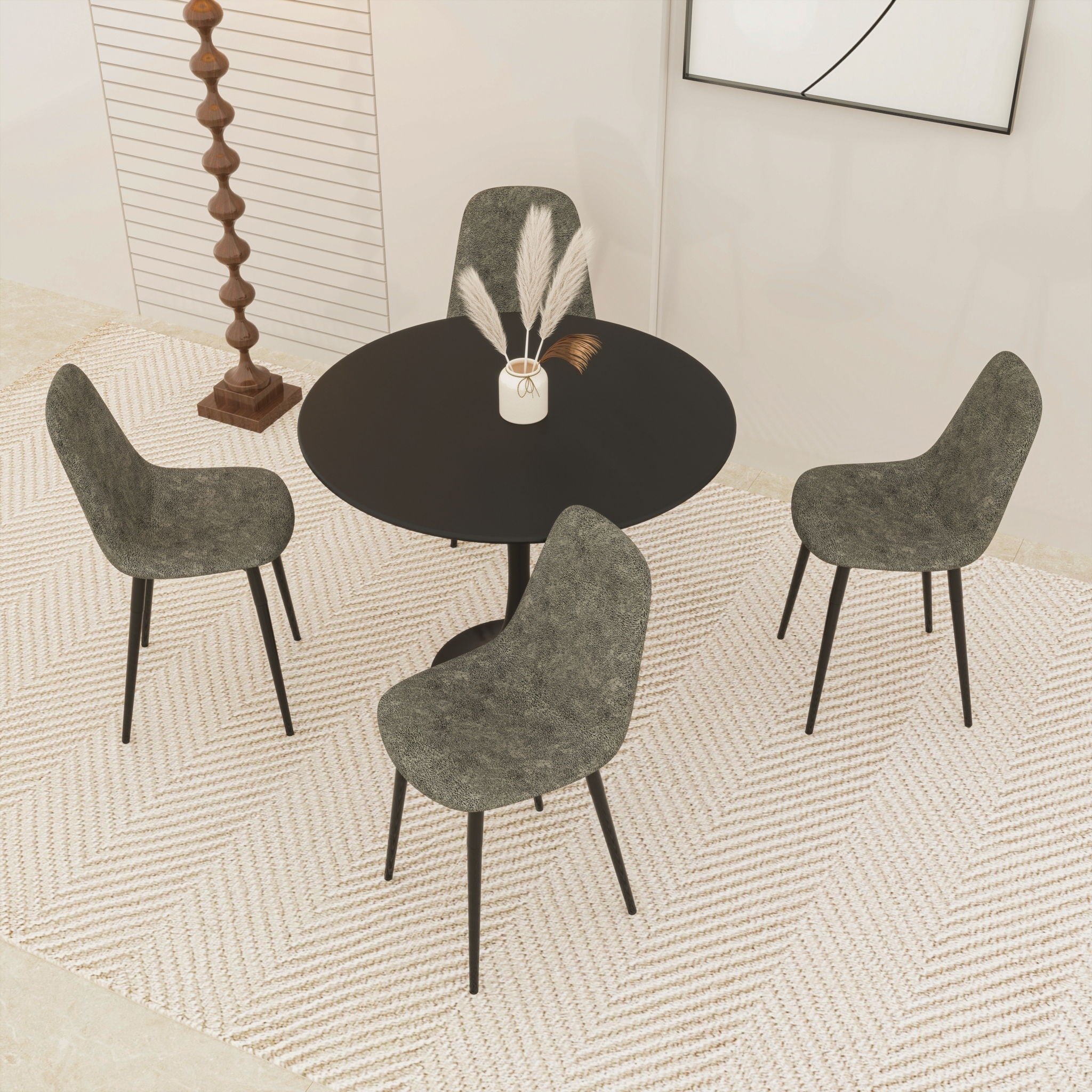 Modern Dining Table Set For 4 With Suede Upholstered Chairs, Round Design - Black / Gray - Best Buy Furniture