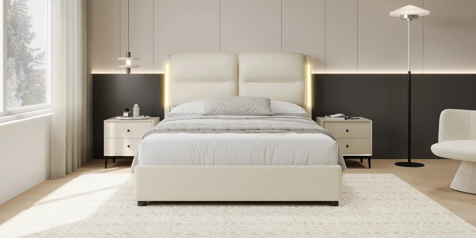 Upholstered Queen Size Hydraulic Platform Bed with Lift Up Storage and Sensor LED Lights - Best Buy Furniture