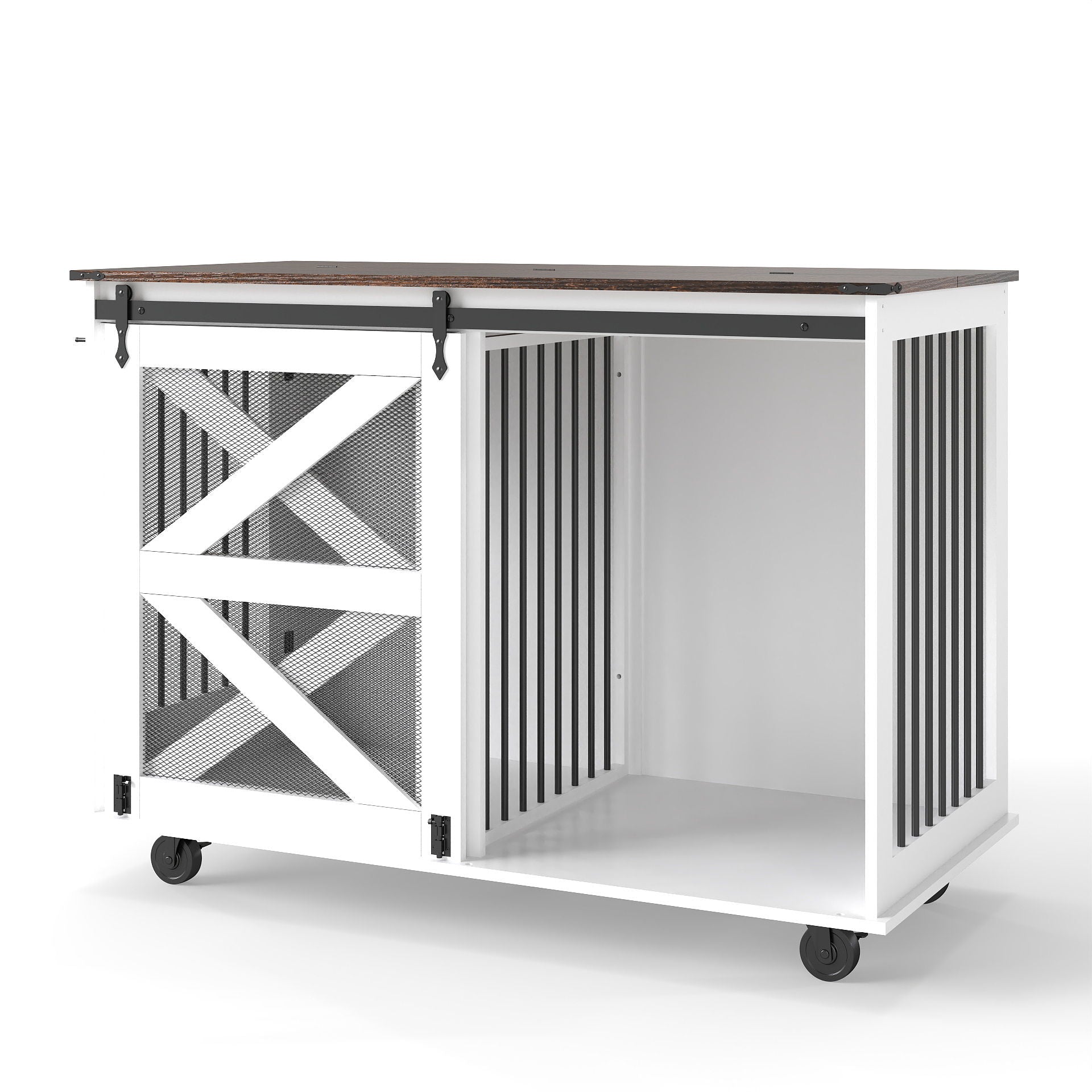 Mobile Dog Crate With Flip Top Feeding Door, Dual Access & 5 Caster System (2 Locking) - Brown White