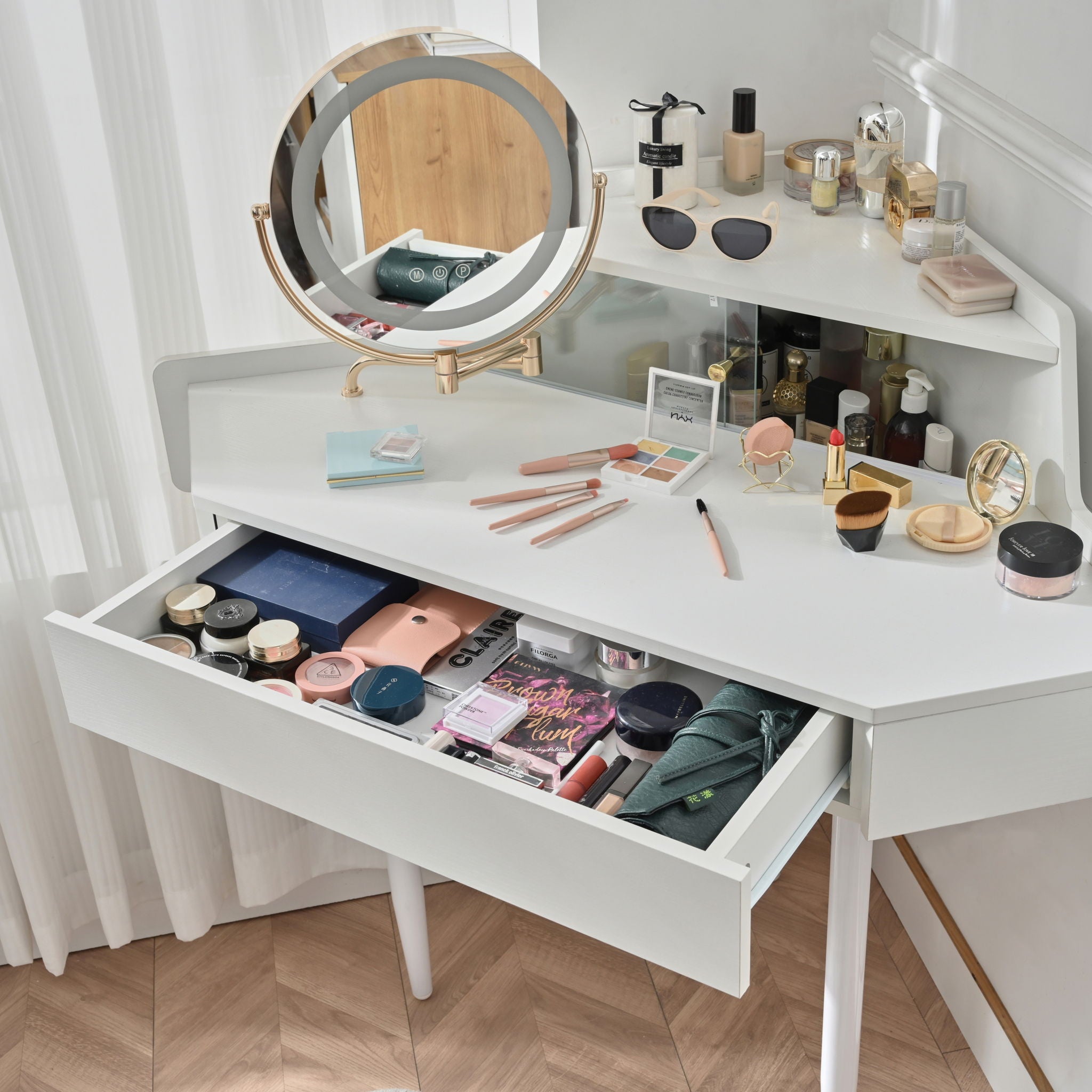 Modern Corner Makeup Vanity Desk With Large Storage, LED Mirror & Stool, Adjustable Brightness, Space Saving - White - Best Buy Furniture