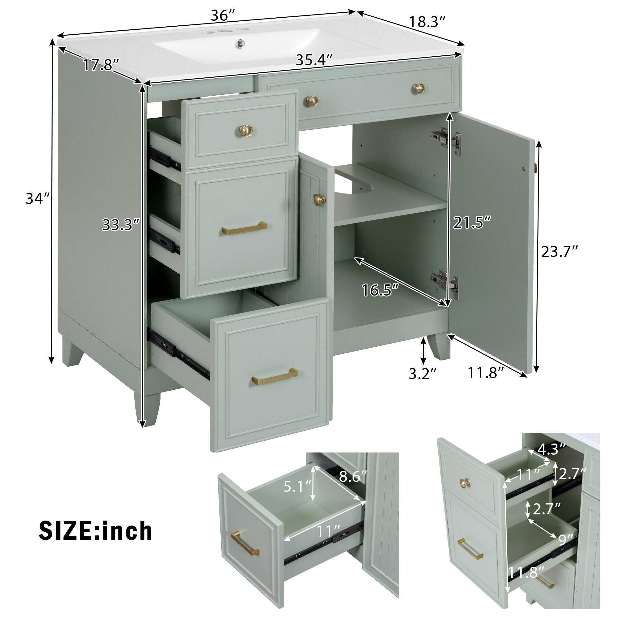 36" Bathroom Vanity With Sink, Soft Close Doors, Adjustable Shelves - Green