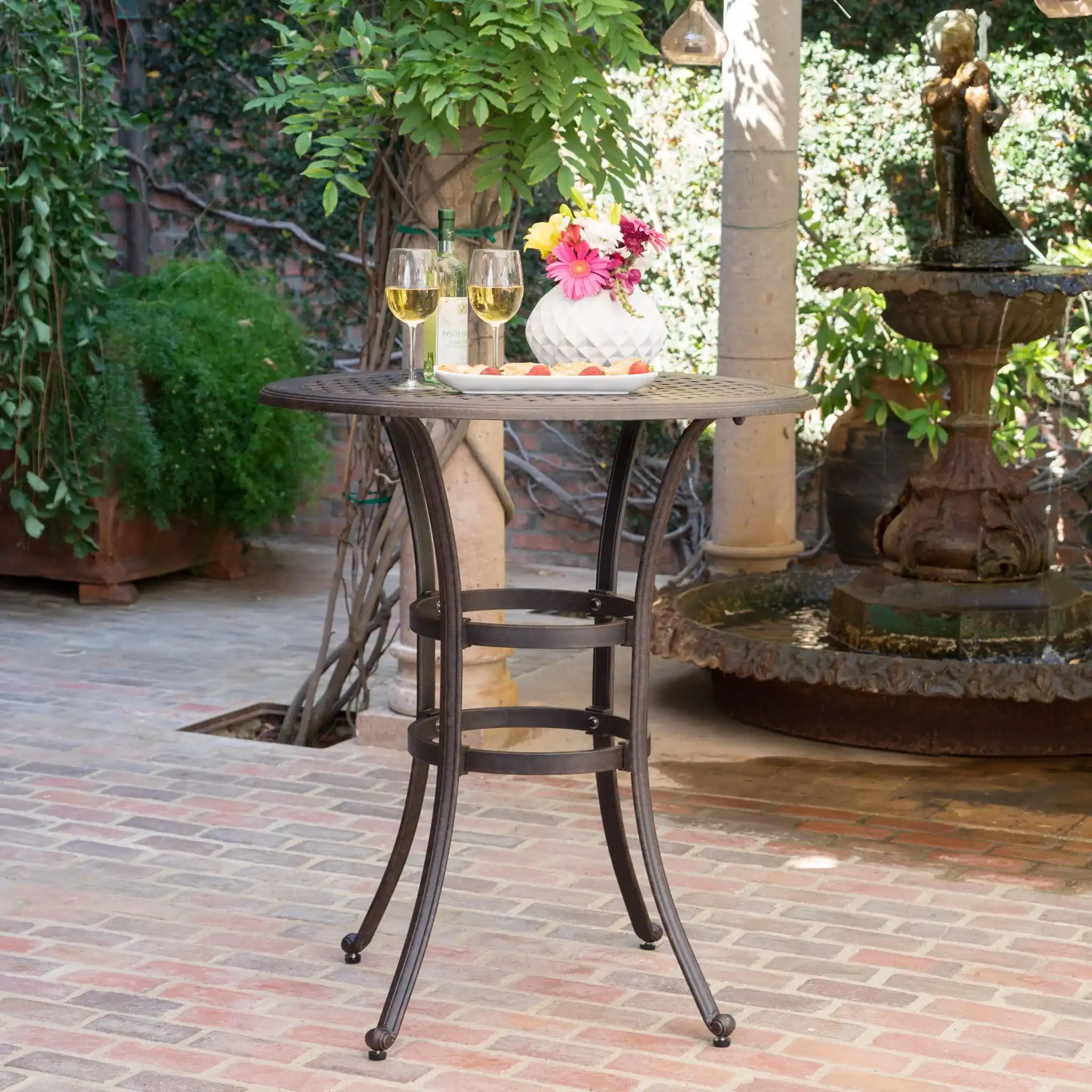 Traditional Style Cast Aluminum Bar Table With Lattice Design And Umbrella Holder - Bronze