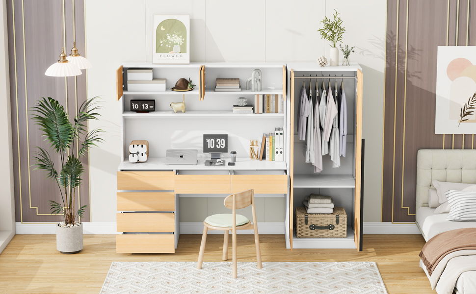 2 Door Storage Desk Wardrobe For Bedroom With Shelves And Drawers